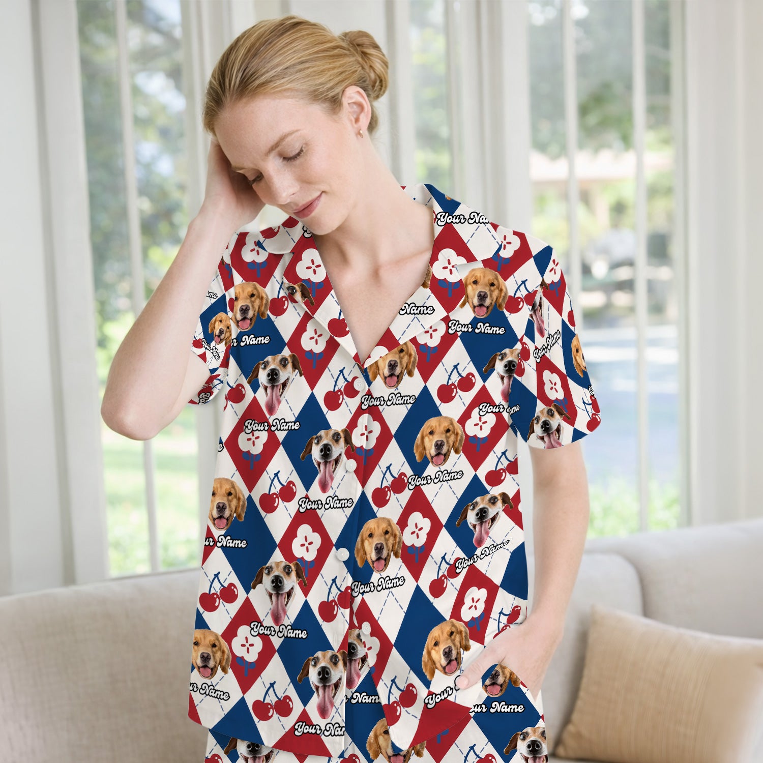 Custom Dog Face Pajama Set, Playful Dog Cherry Argyle Pattern, Soft Breathable Fabric Comfortable Sleepwear