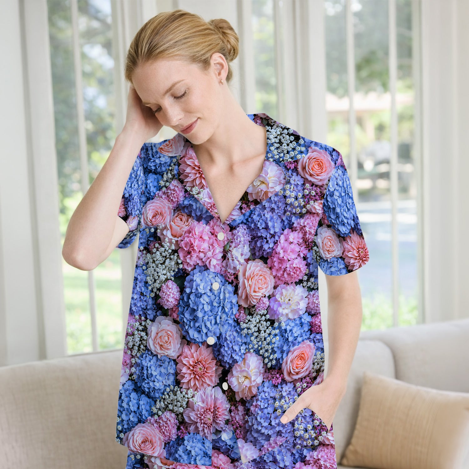 Cute Pastel Hydrangea Rose Blossom Pattern Pajama Set, Soft Breathable Fabric Comfortable Sleepwear
