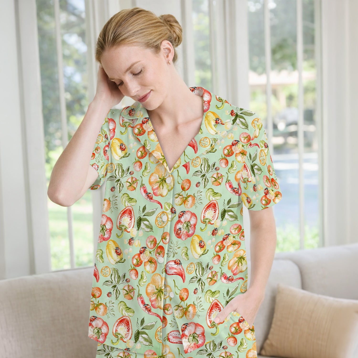 Cute Watercolor Veggie Ladybug Pattern Pajama Set, Soft Breathable Fabric Comfortable Sleepwear
