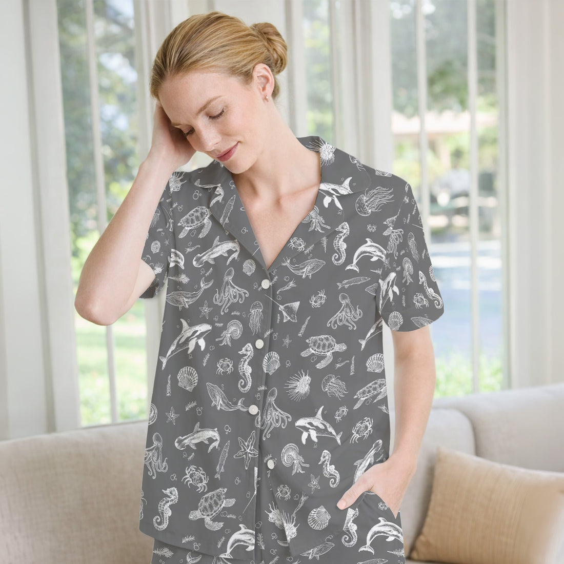 Marine Sea Life Pattern Pajama Set, Breathable Fabrics Uniform