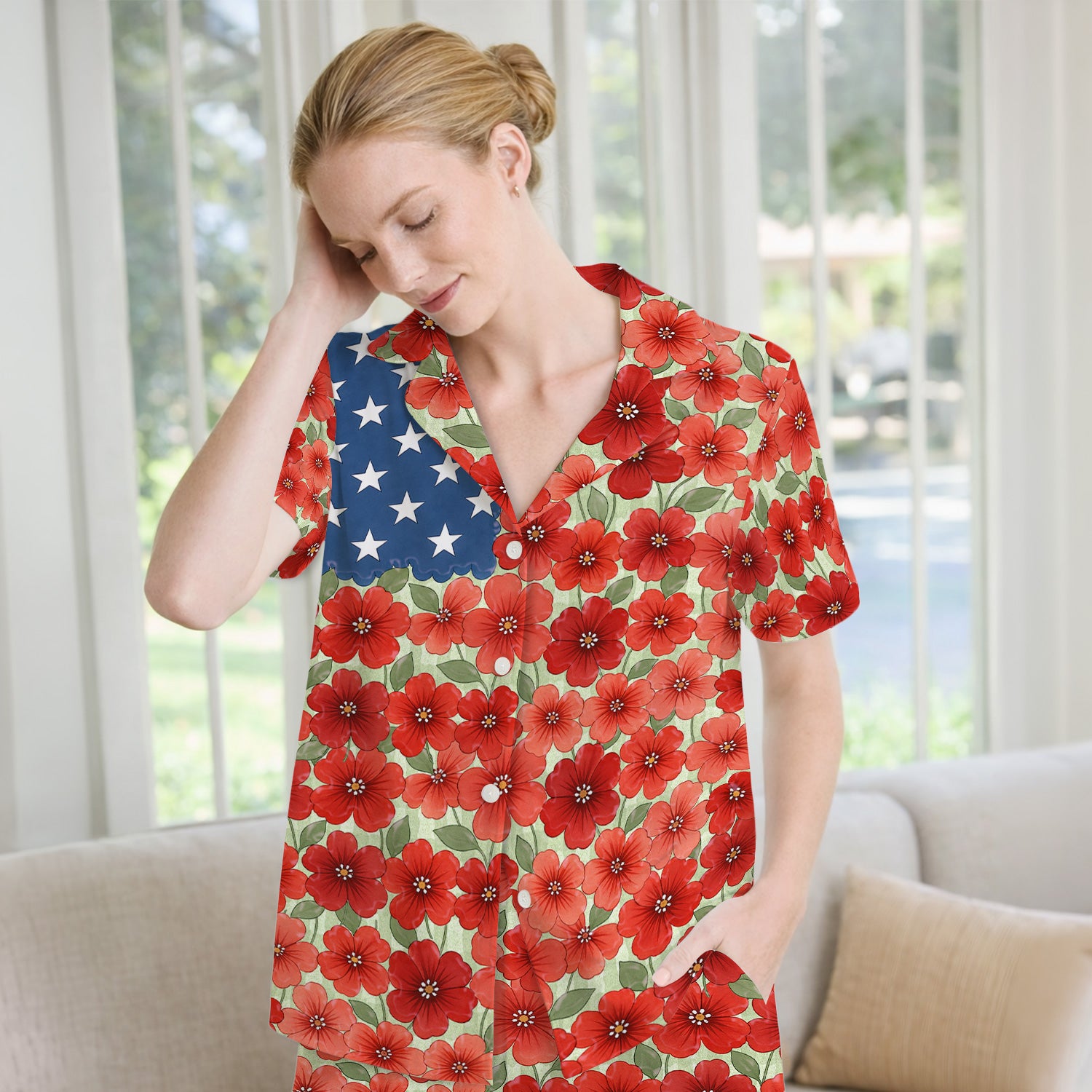 Patriotic USA Flag With Red Floral Blossom Pattern Pajama Set, Soft Breathable Fabric Comfortable Sleepwear