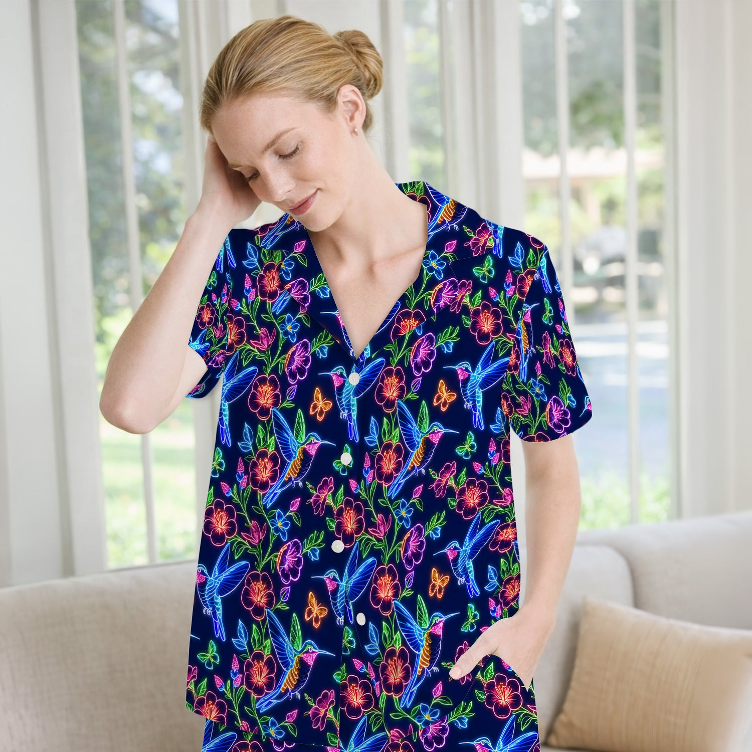 Neon Hummingbird Floral Garden Pattern Pajama Set, Soft Breathable Fabric Comfortable Sleepwear
