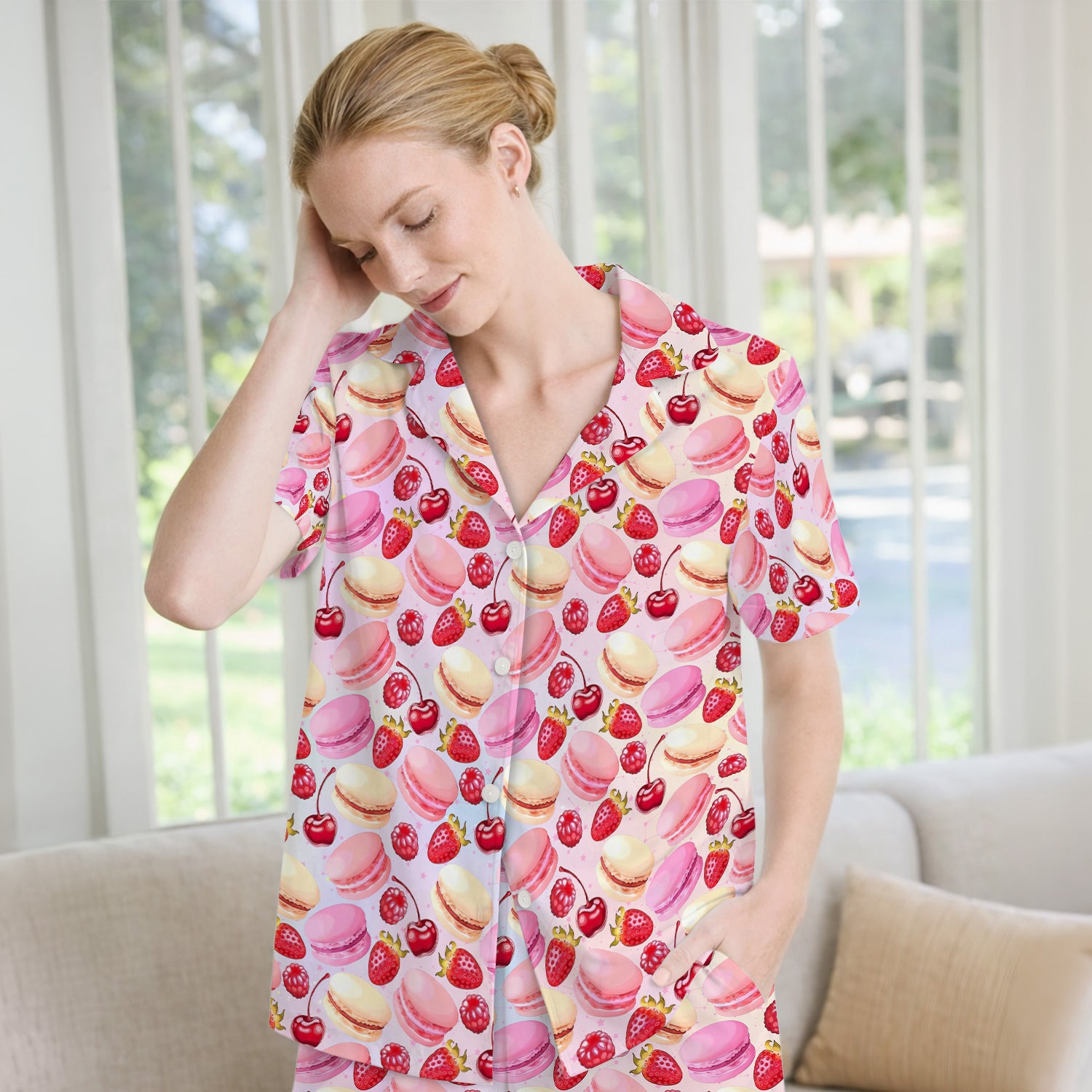 Sweet Dessert Pattern Pajama Set, Breathable Fabrics Uniform
