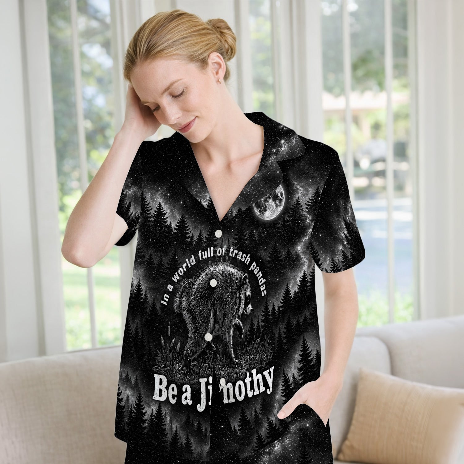 Funny Be A Jimothy Raccoon Print Pajama Set, Soft Breathable Fabric Comfortable Sleepwear