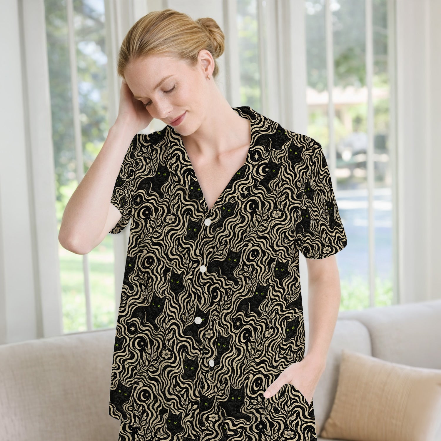 Mystical Black Cat Moonlit Pattern Pajama Set, Soft Breathable Fabric Comfortable Sleepwear