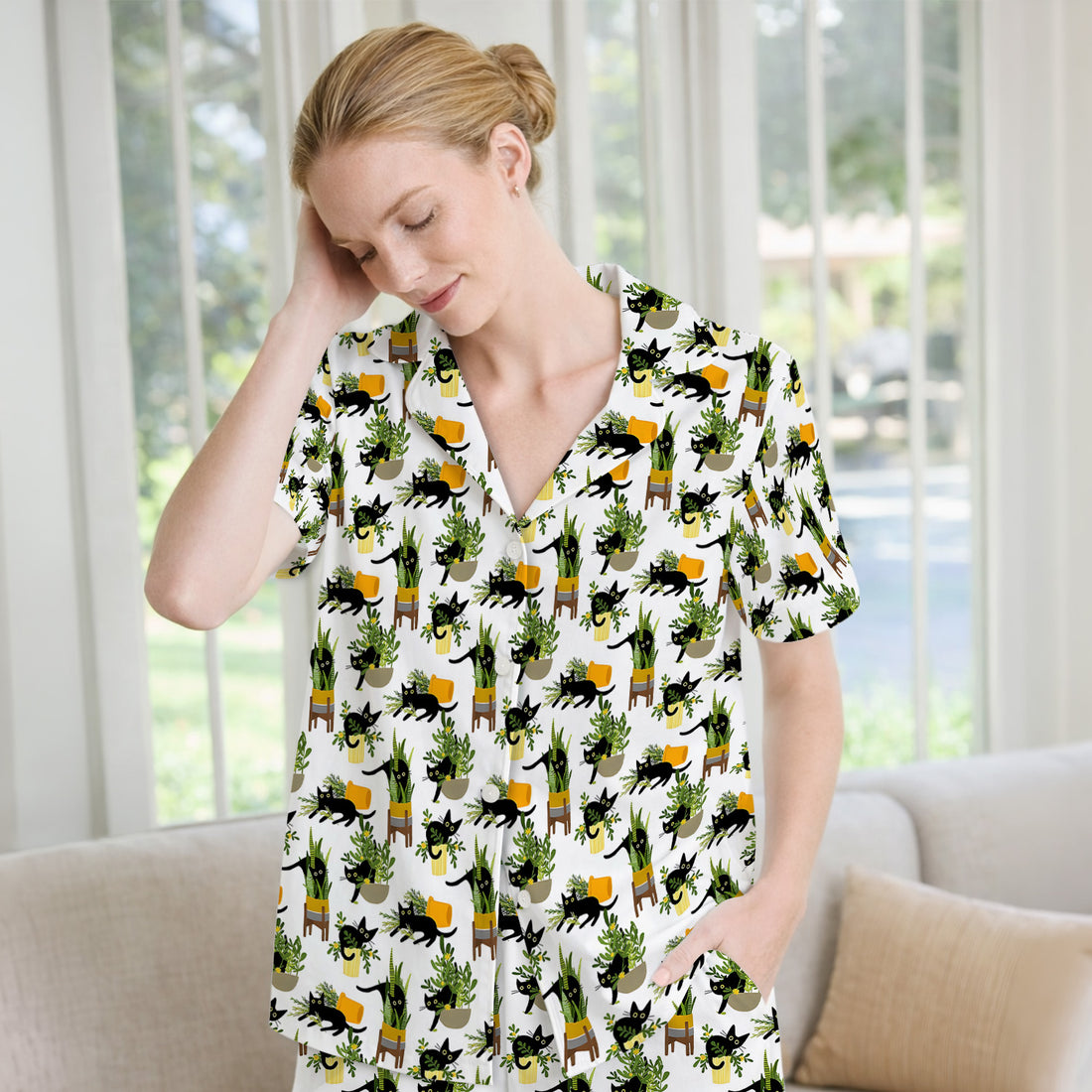 Black Cat Plant Pots Pattern Pajama Set, Soft Breathable Fabric Comfortable Sleepwear
