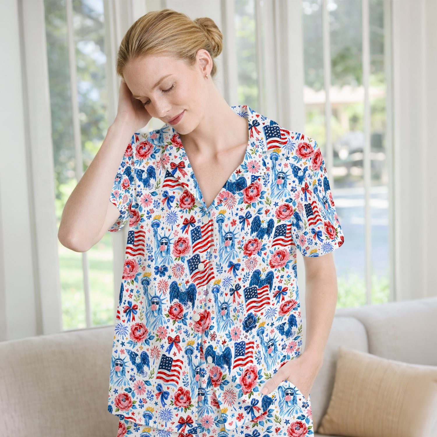 Patriotic Liberty Nurse Pattern Pajama Set, Soft Breathable Fabric Comfortable Sleepwear