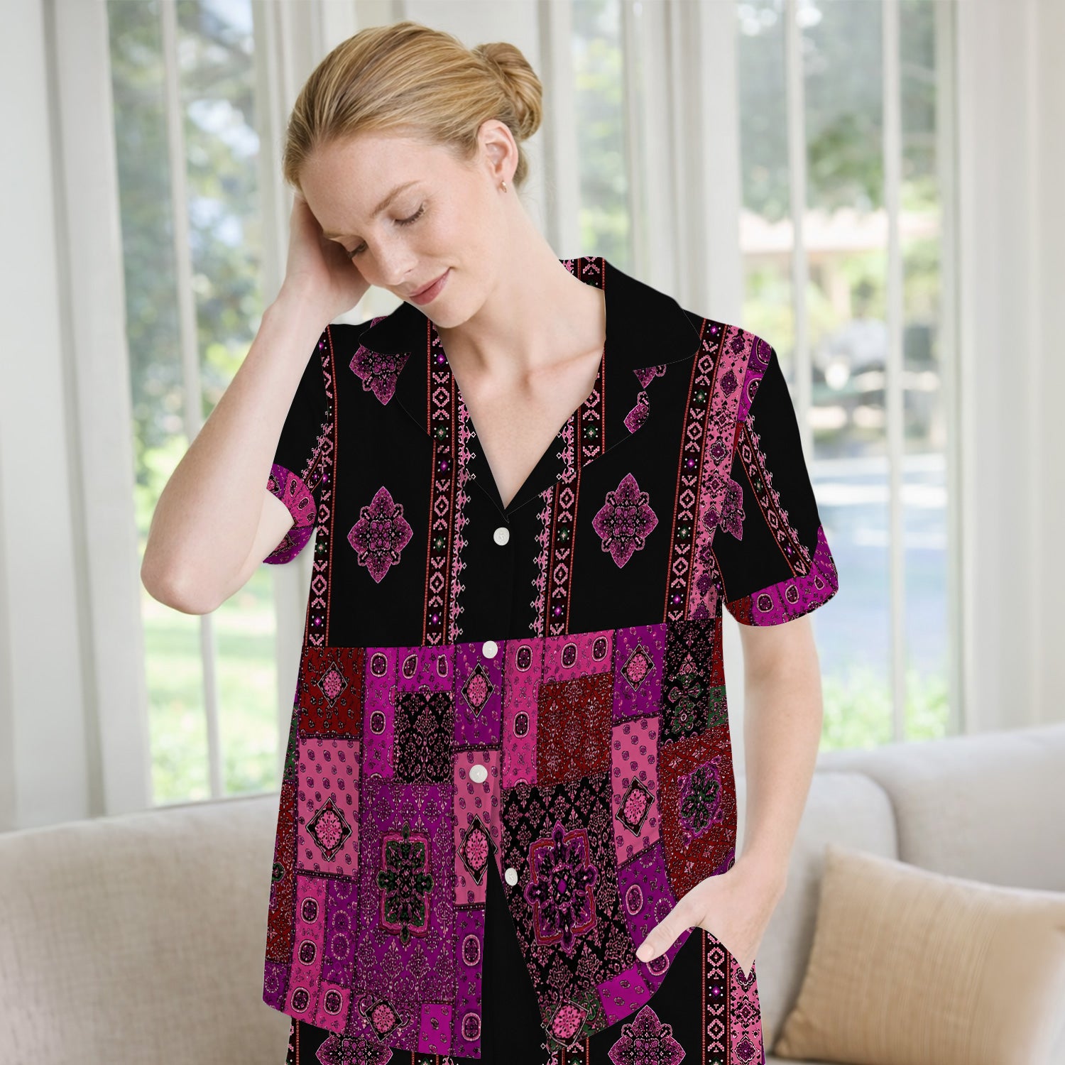 Boho Pink Bandana Patchwork Pattern Pajama Set, Soft Breathable Fabric Comfortable Sleepwear