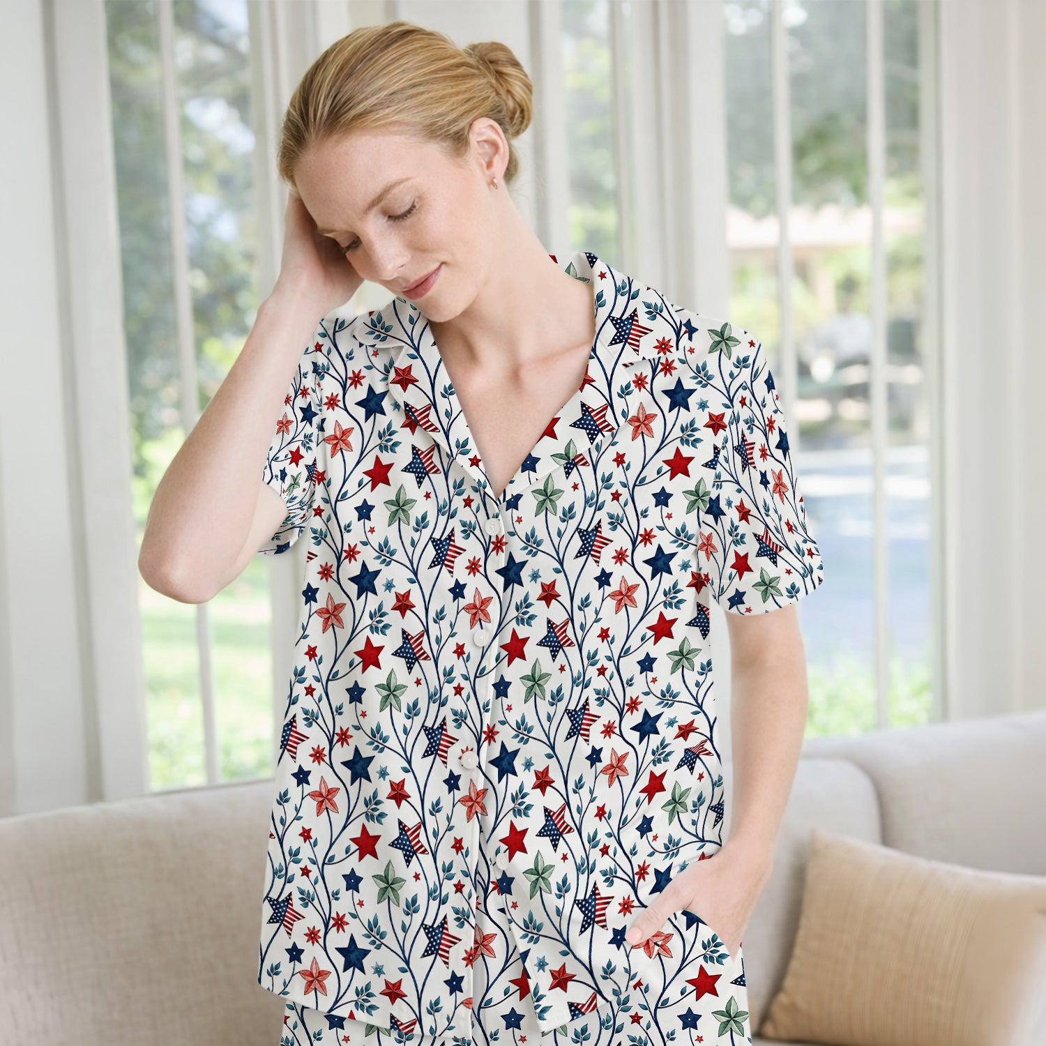 Patriotic Star Vine Floral Print Pajama Set, Soft Breathable Fabric Comfortable Sleepwear
