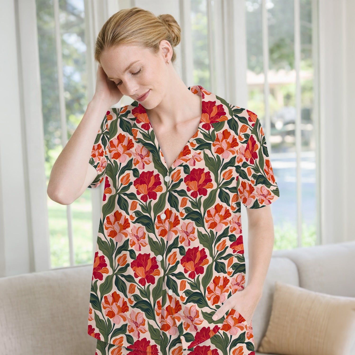 Pretty Tropical Floral Print Pajama Set, Soft Breathable Fabric Comfortable Sleepwear