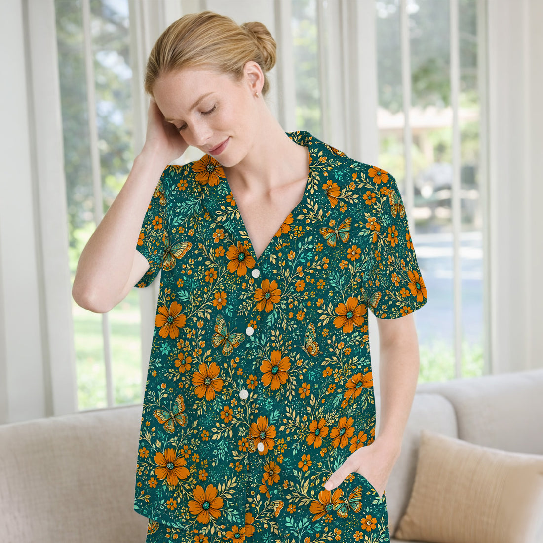 Orange Floral Butterfly Vine Pattern Pajama Set, Soft Breathable Fabric Comfortable Sleepwear