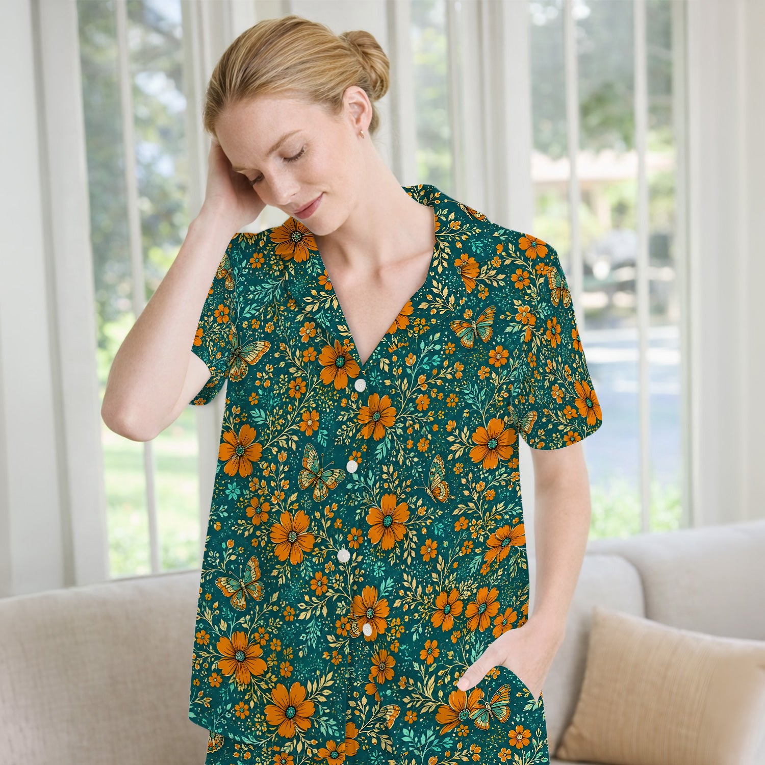 Orange Floral Butterfly Vine Pattern Pajama Set, Soft Breathable Fabric Comfortable Sleepwear