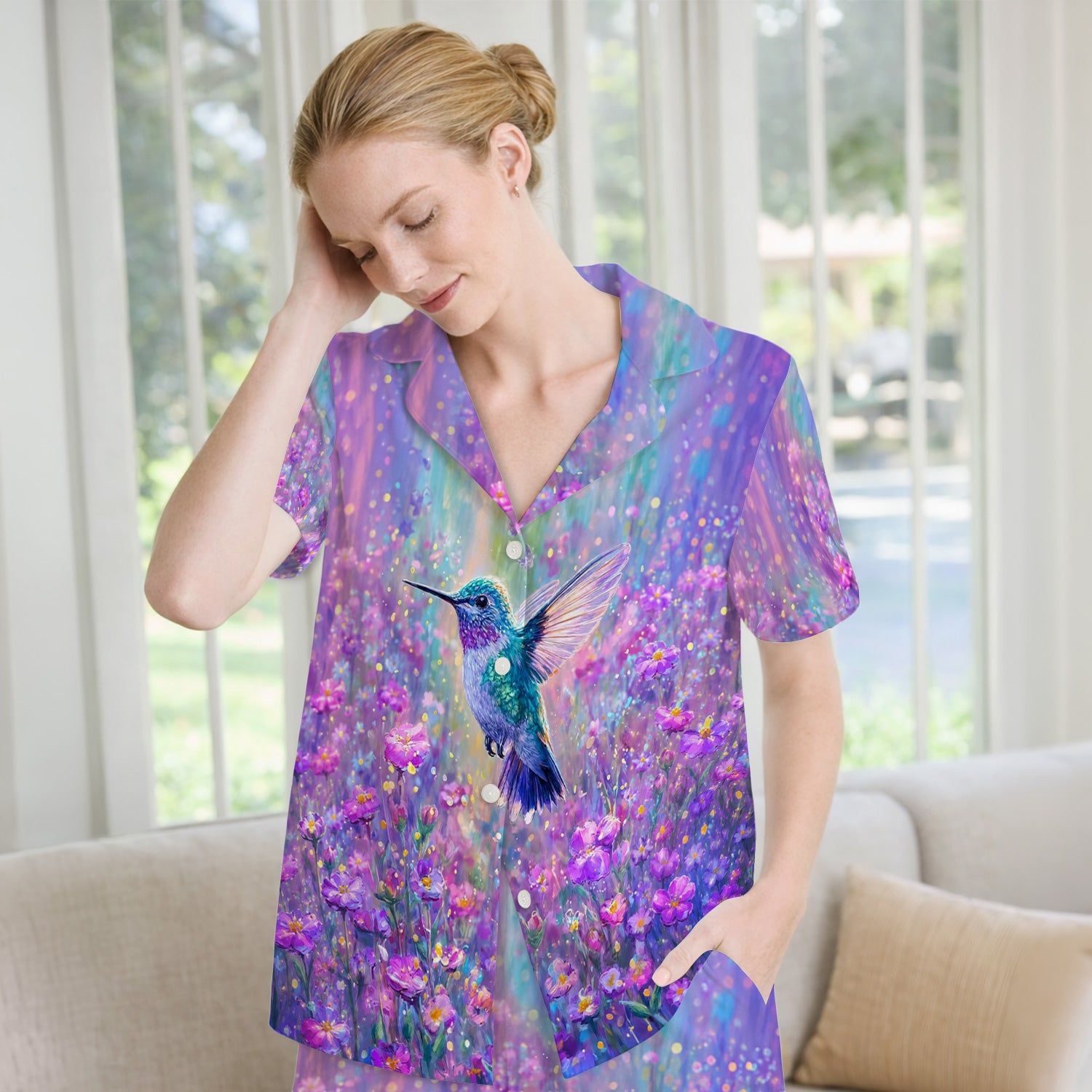 Watercolor Hummingbird with Purple Floral Garden Print Pajama Set, Soft Breathable Fabric Comfortable Sleepwear