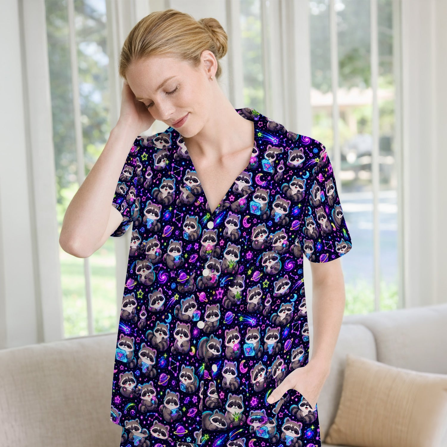 Neon Galaxy Raccoon Space Pattern Pajama Set, Soft Breathable Fabric Comfortable Sleepwear