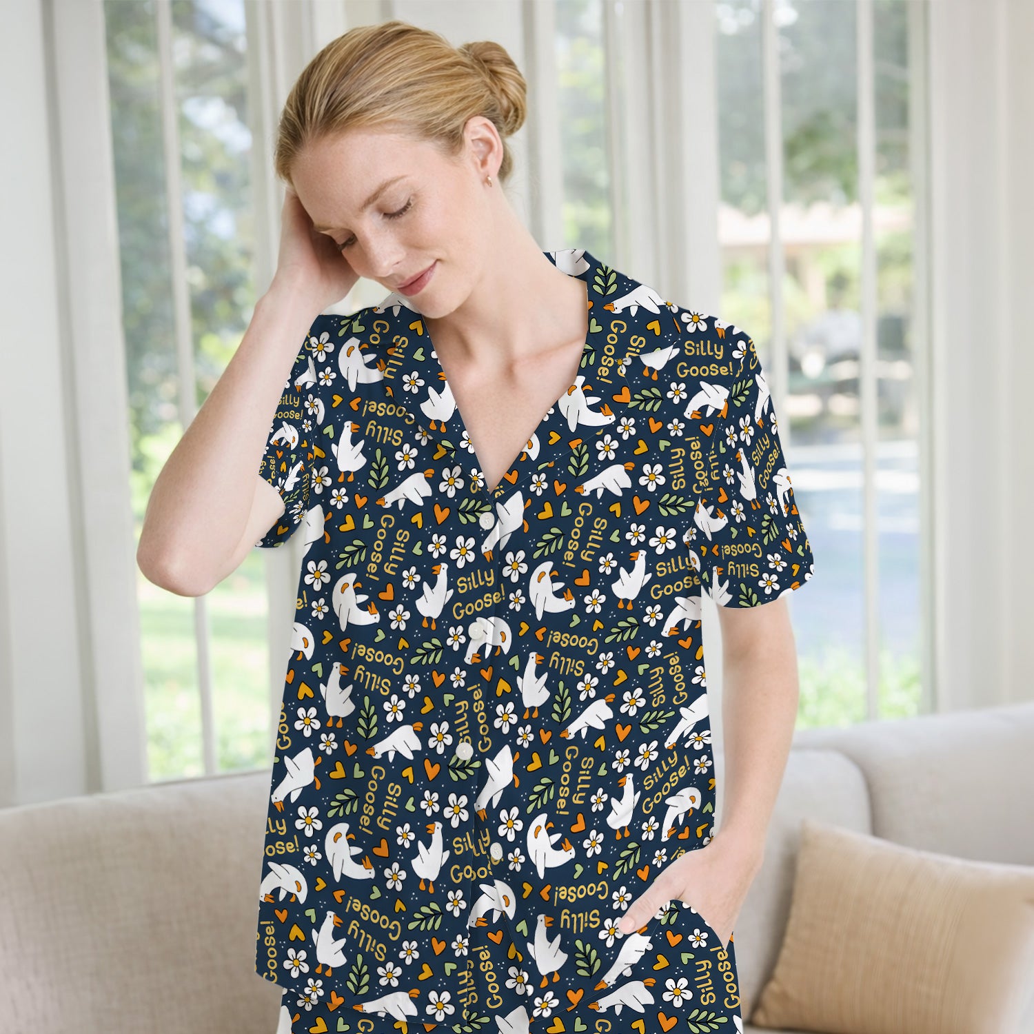 Silly Goose Floral Pattern Pajama Set, Soft Breathable Fabric Comfortable Sleepwear