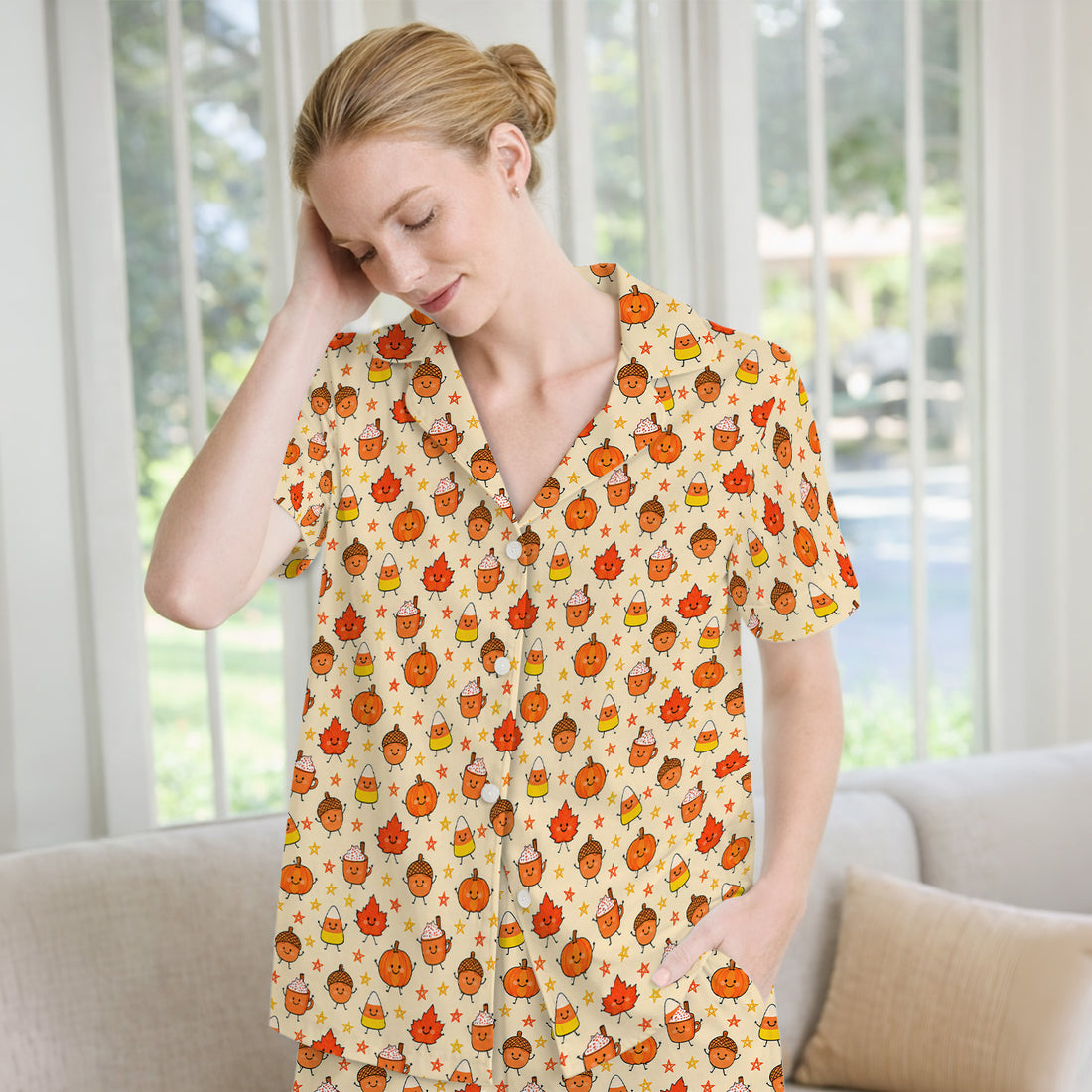 Cute Fall Pumpkin Spice Doodles Pajama Set, Soft Breathable Fabric Comfortable Sleepwear