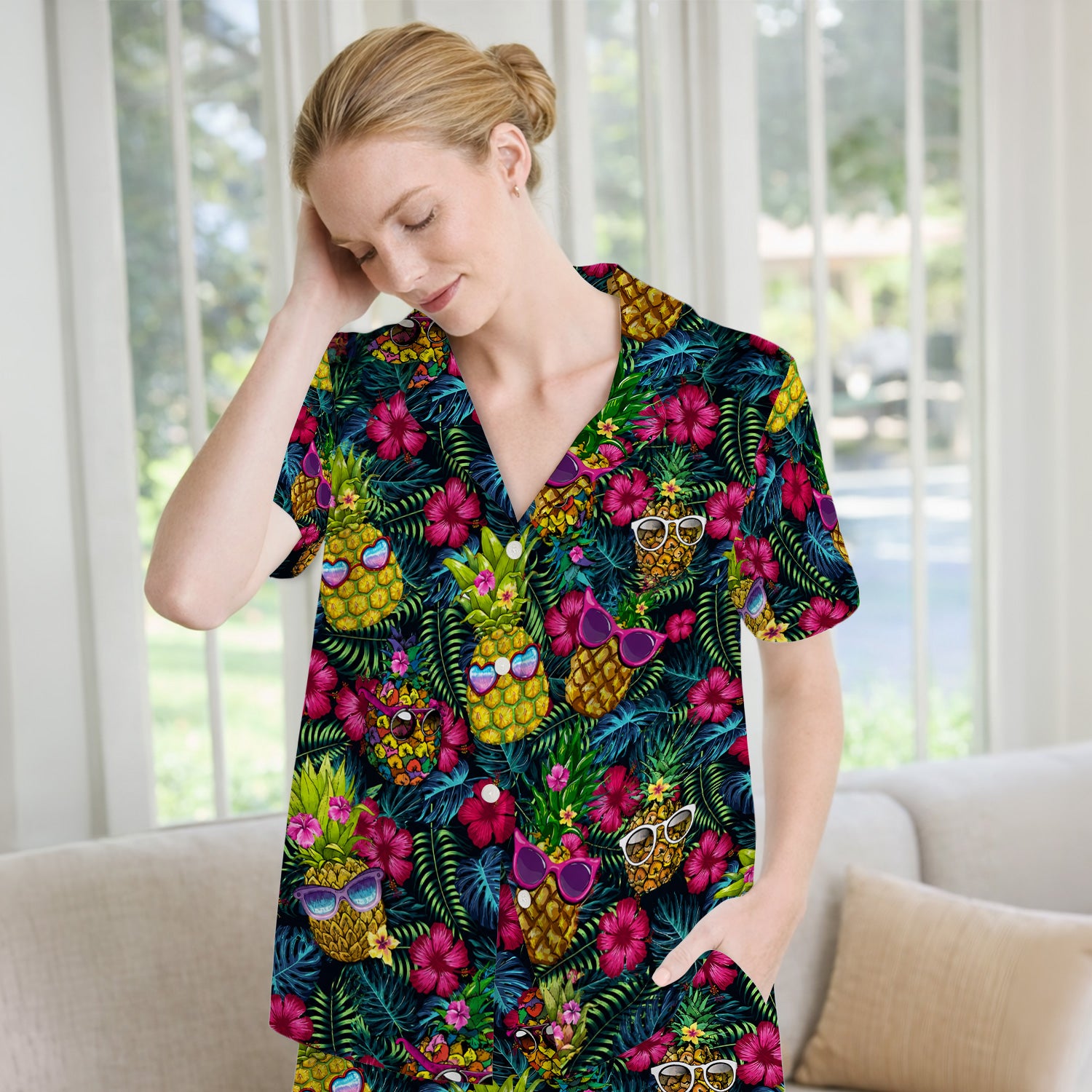 Cute Tropical Pineapple Sunglasses Pattern Pajama Set, Soft Breathable Fabric Comfortable Sleepwear