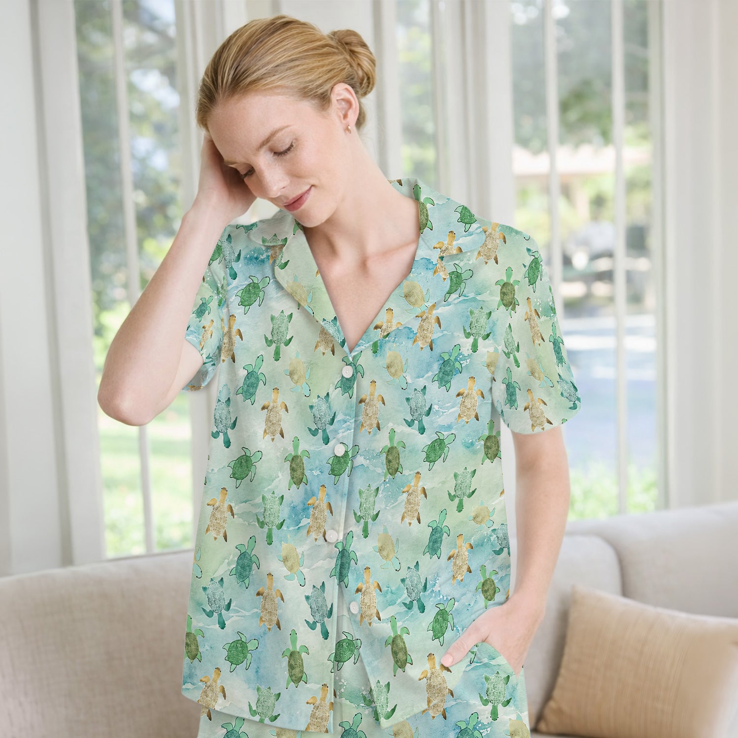 Watercolor Sea Turtle Pattern Pajama Set, Soft Breathable Fabric Comfortable Sleepwear