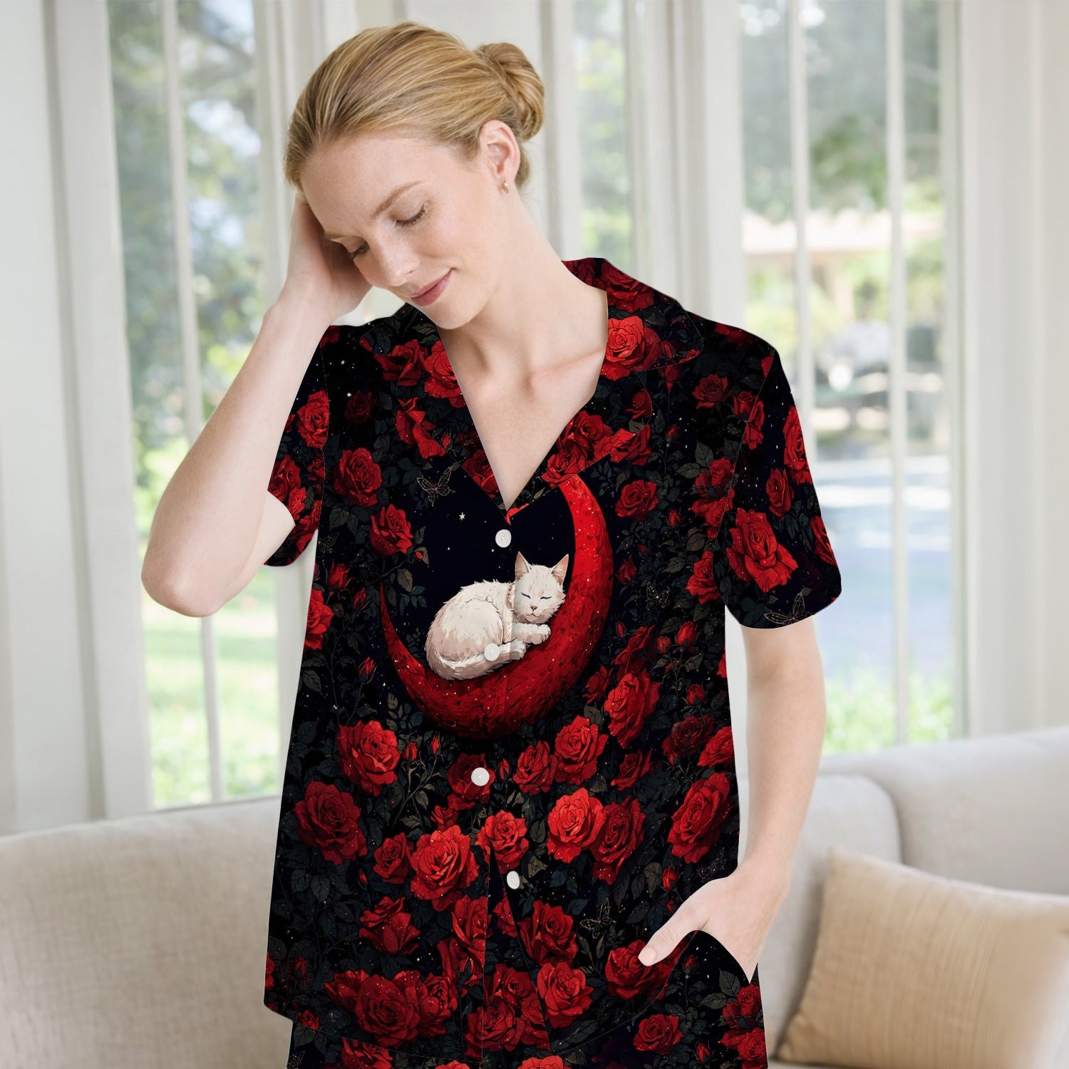 Gothic Red Moon Cat Nurse for Veterinary Staff, RN, CNA, Rose Medical Pajama Set, Soft Breathable Fabric Comfortable Sleepwear