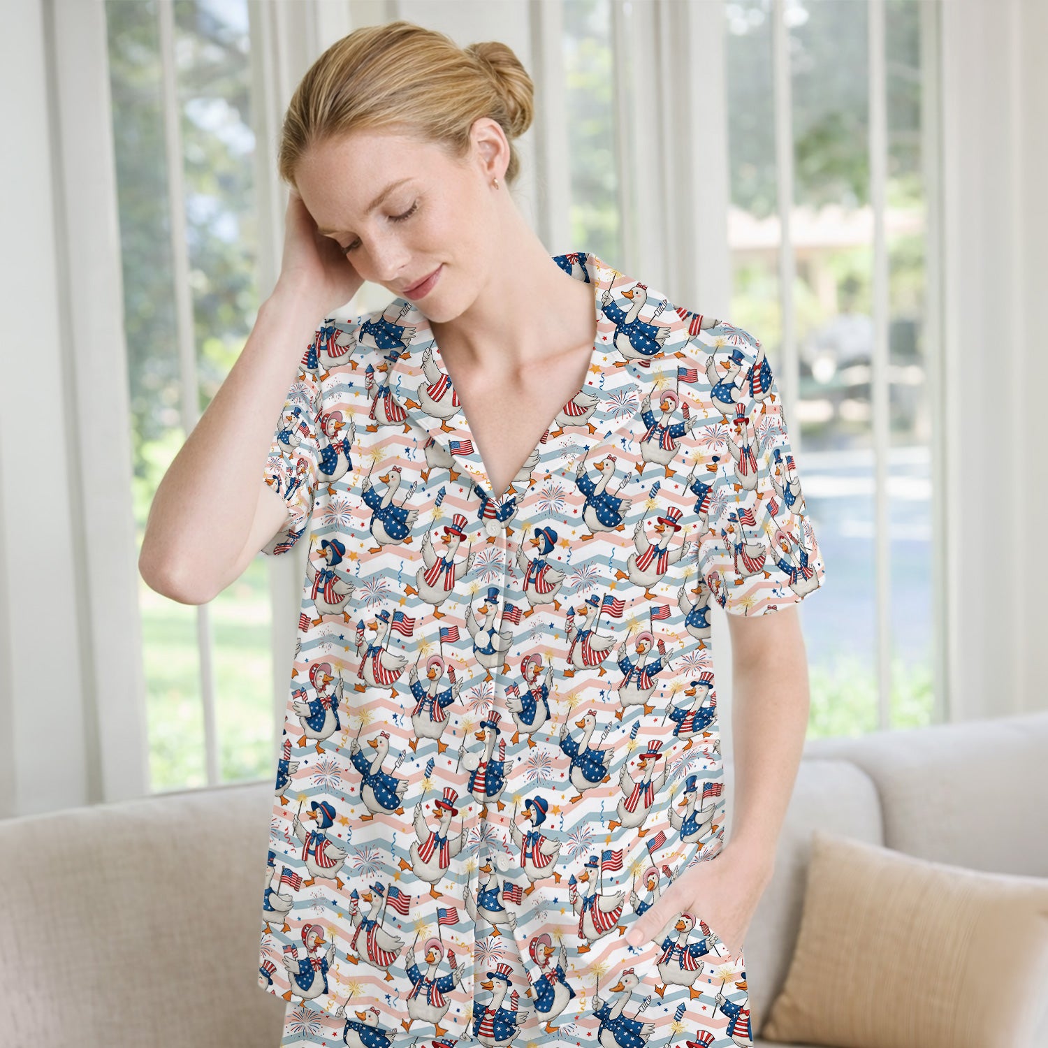 Patriotic Goose Fireworks Parade Pattern Pajama Set, Soft Breathable Fabric Comfortable Sleepwear