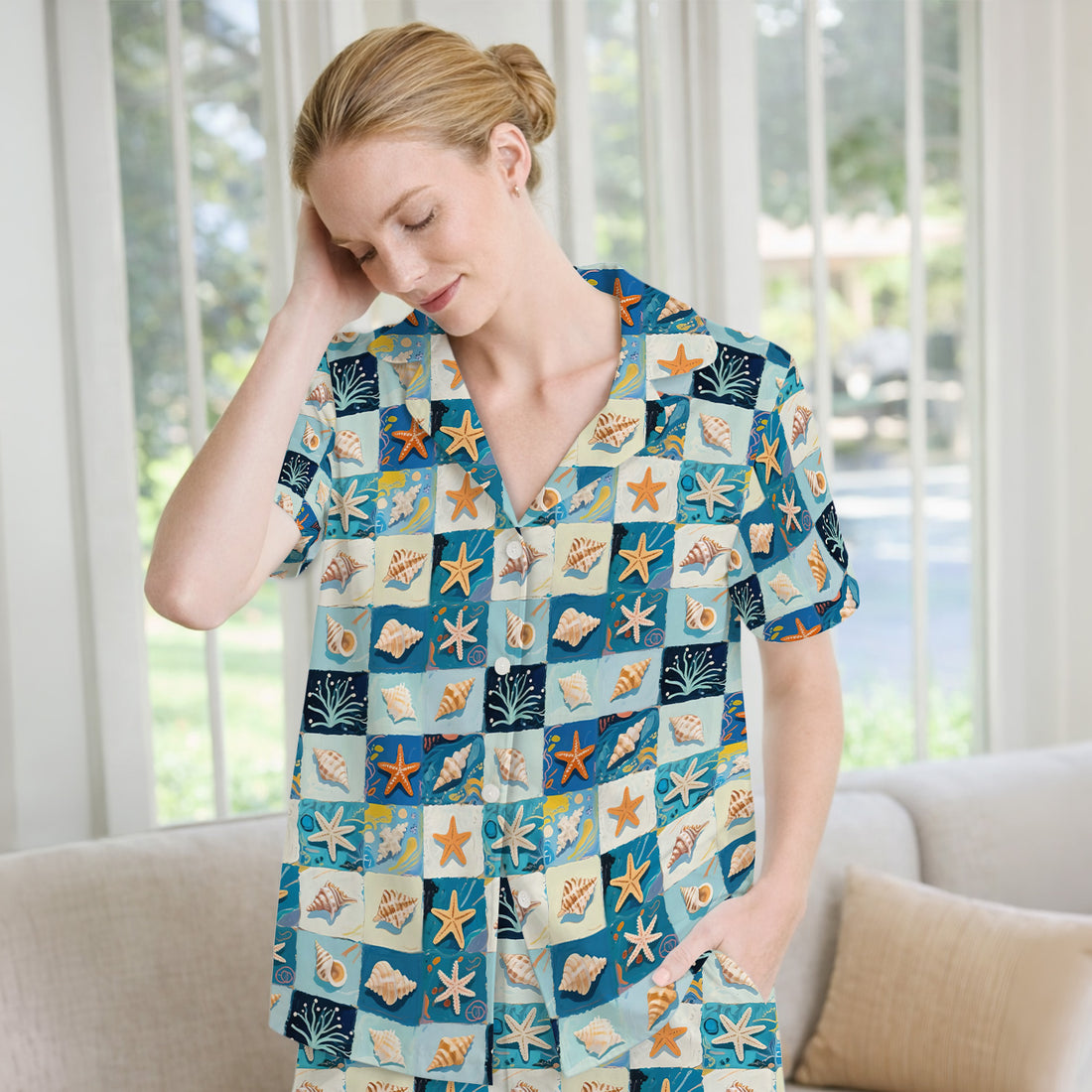 Cute Seashell Starfish Ocean Tile Pattern Pajama Set, Soft Breathable Fabric Comfortable Sleepwear