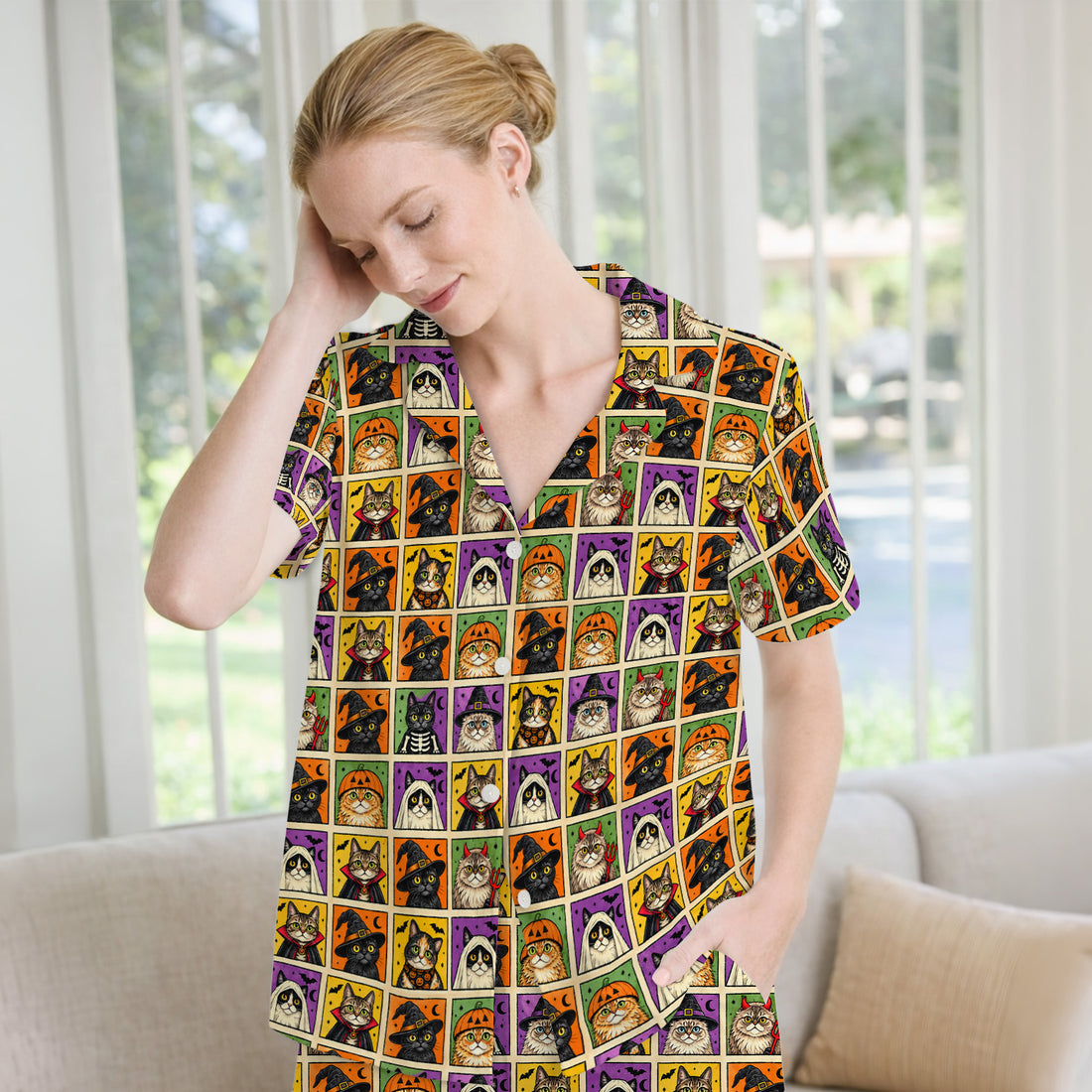 Halloween Cat Costume Patchwork Pajama Set, Soft Breathable Fabric Comfortable Sleepwear