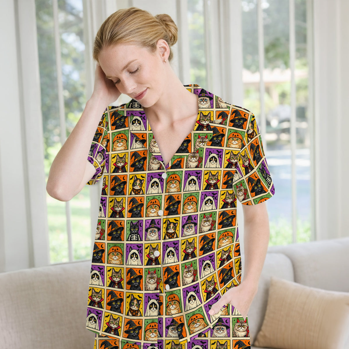 Halloween Cat Costume Patchwork Pajama Set, Soft Breathable Fabric Comfortable Sleepwear