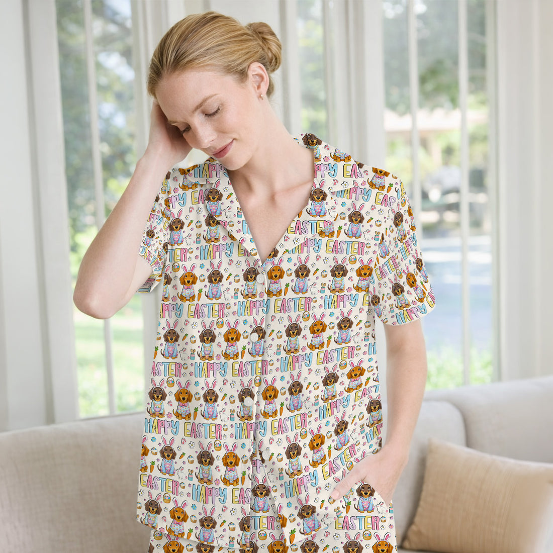 Happy Easter Dachshund Bunny Print Pajama Set, Breathable Fabrics Uniform