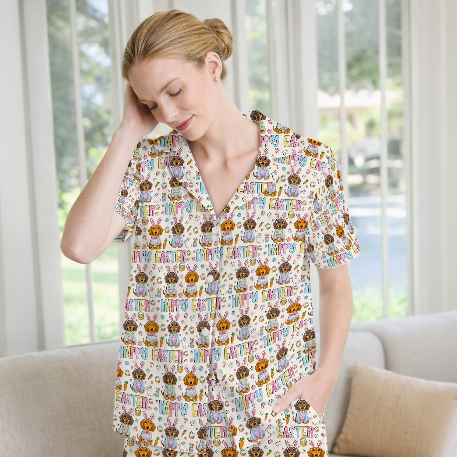 Happy Easter Dachshund Bunny Print Pajama Set, Breathable Fabrics Uniform