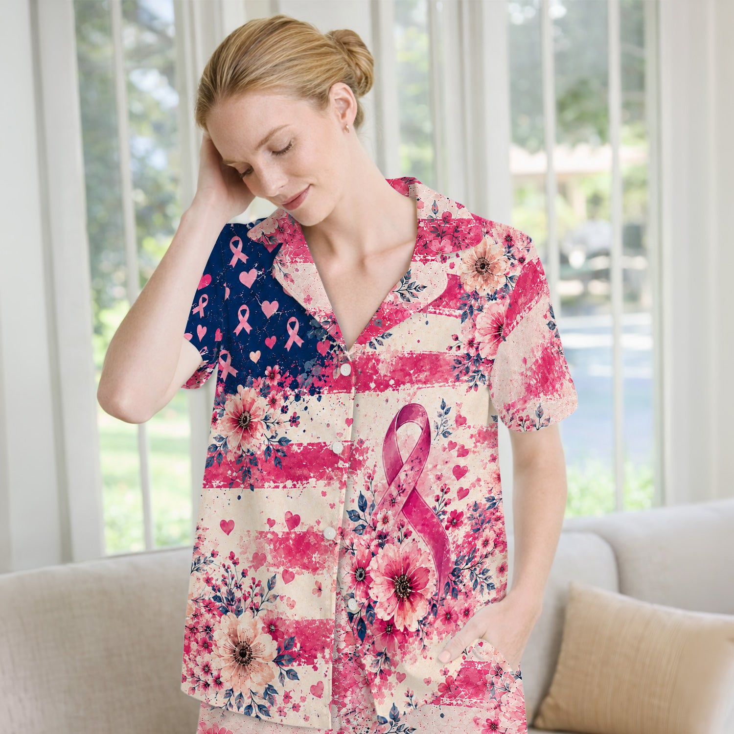 Breast Cancer Floral Flag Pajama Set, Soft Breathable Fabric Comfortable Sleepwear