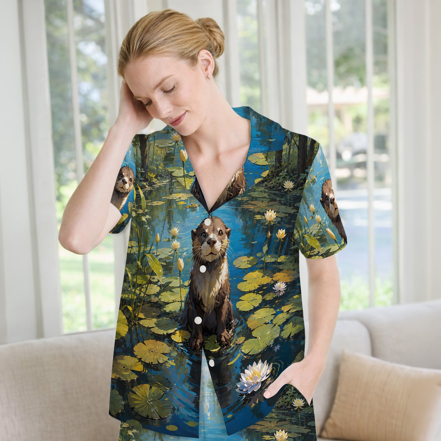 Cute Otter Pond Pattern Pajama Set, Soft Breathable Fabric Comfortable Sleepwear