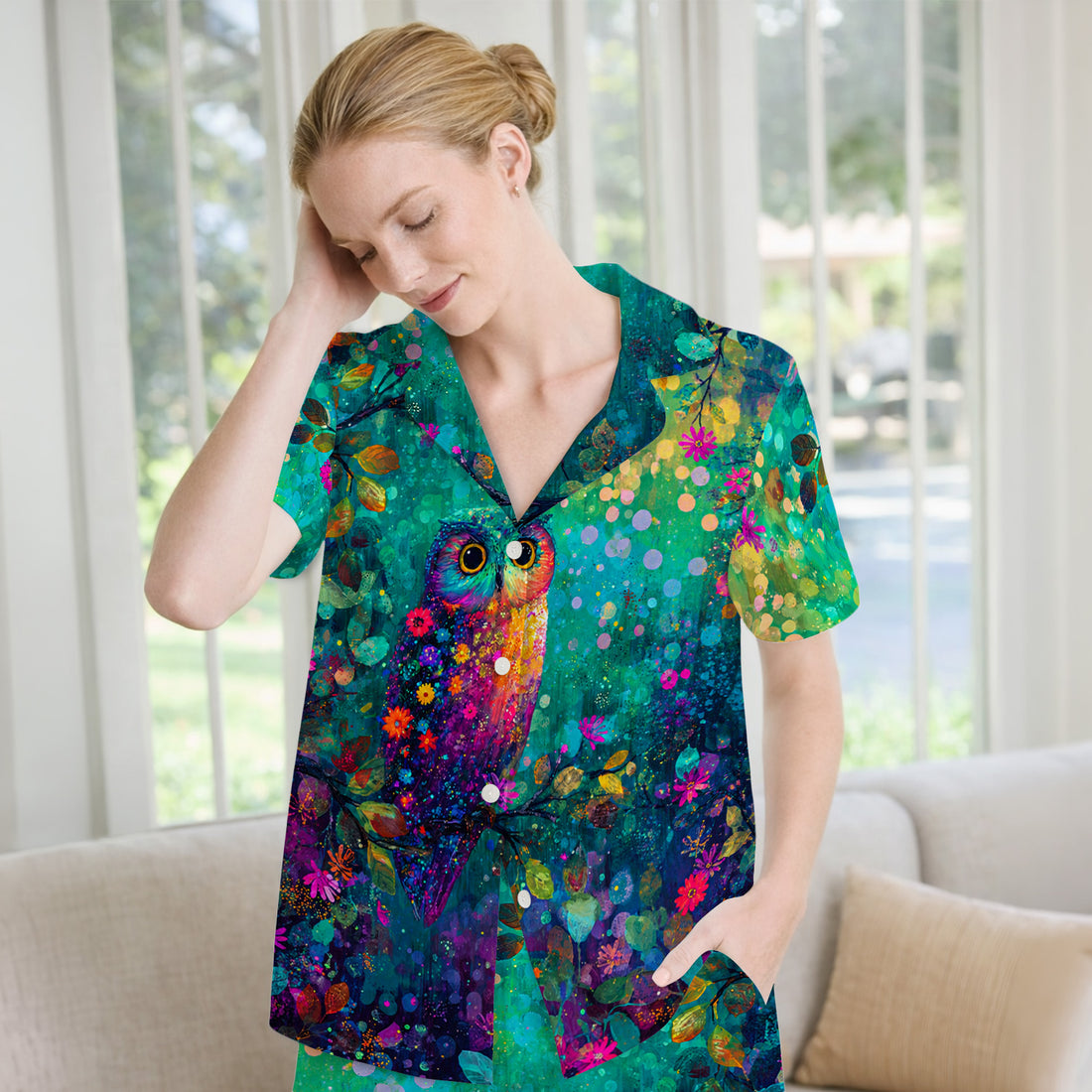 Vibrant Neon Owl Pattern, Colorful Forest Medical Pajama Set, Soft Breathable Fabric Comfortable Sleepwear