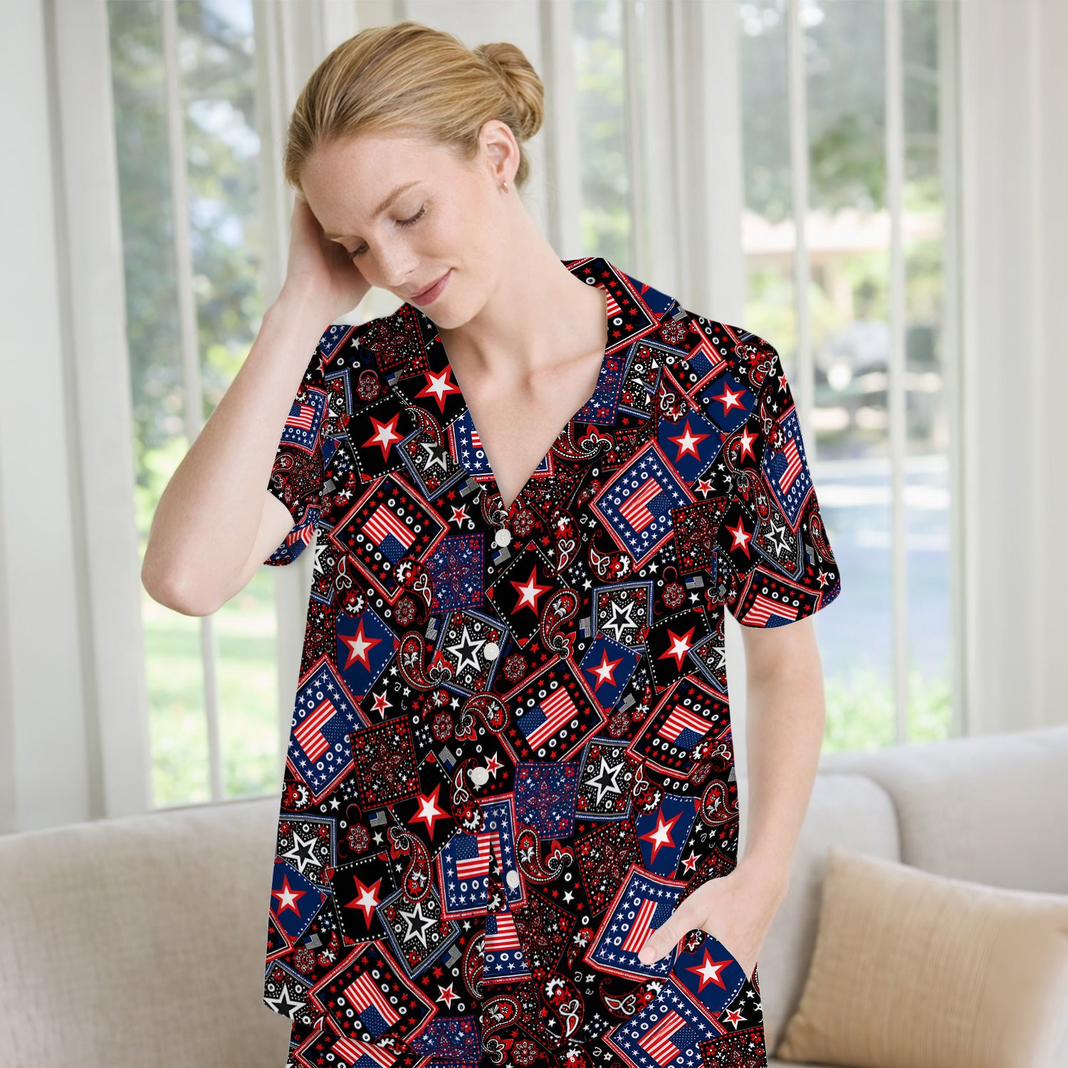 Patriotic Bandana With USA Flag Pattern Pajama Set, Soft Breathable Fabric Comfortable Sleepwear