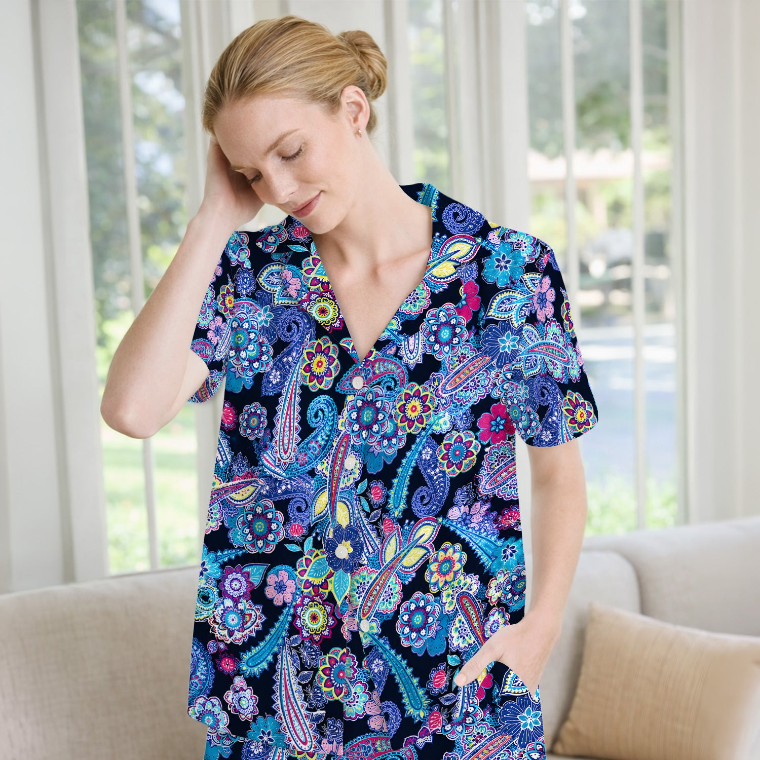 Vibrant Paisley Floral Pattern Pajama Set, Soft Breathable Fabric Comfortable Sleepwear