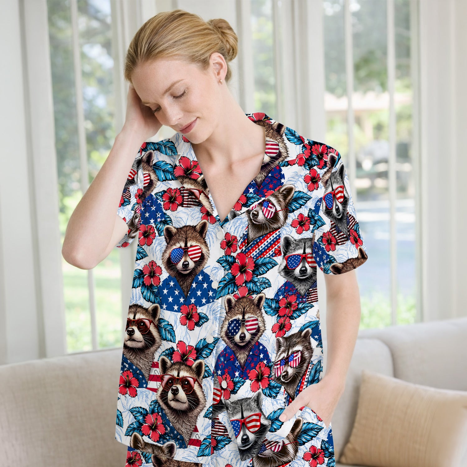 Funny Patriotic Raccoon Sunglasses Pattern Pajama Set, Soft Breathable Fabric Comfortable Sleepwear