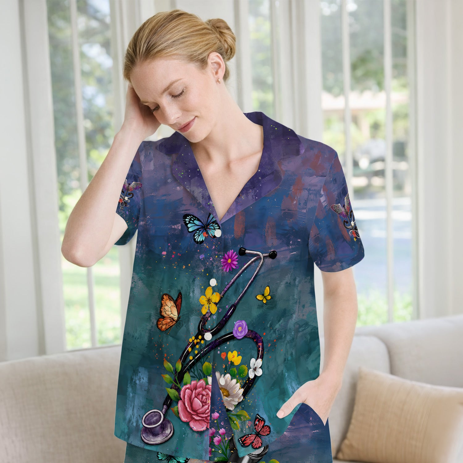 Floral Stethoscope Nurse Pattern Pajama Set, Soft Breathable Fabric Comfortable Sleepwear