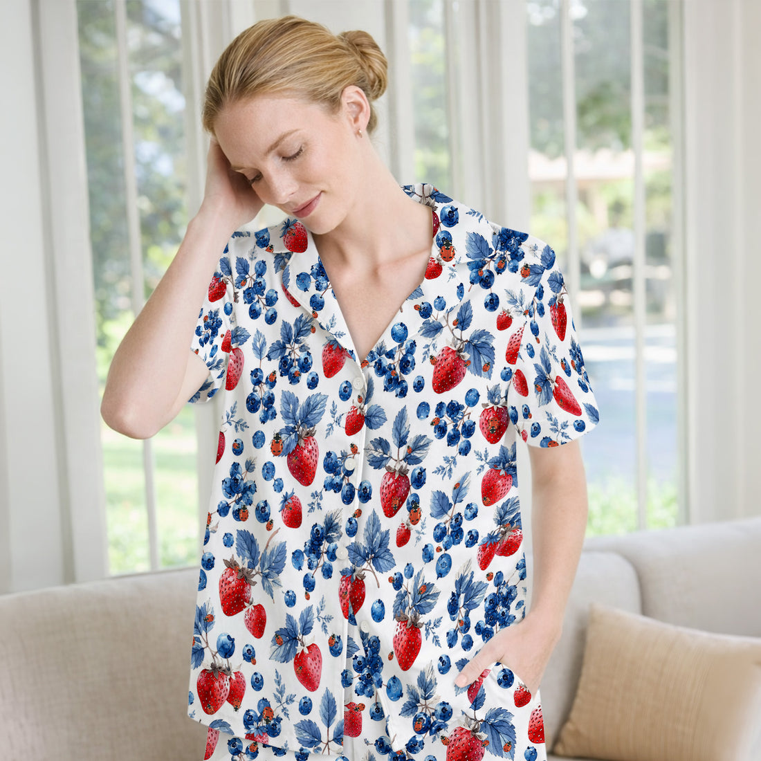 Cute Strawberry Blueberry Ladybug Pattern Pajama Set, Soft Breathable Fabric Comfortable Sleepwear
