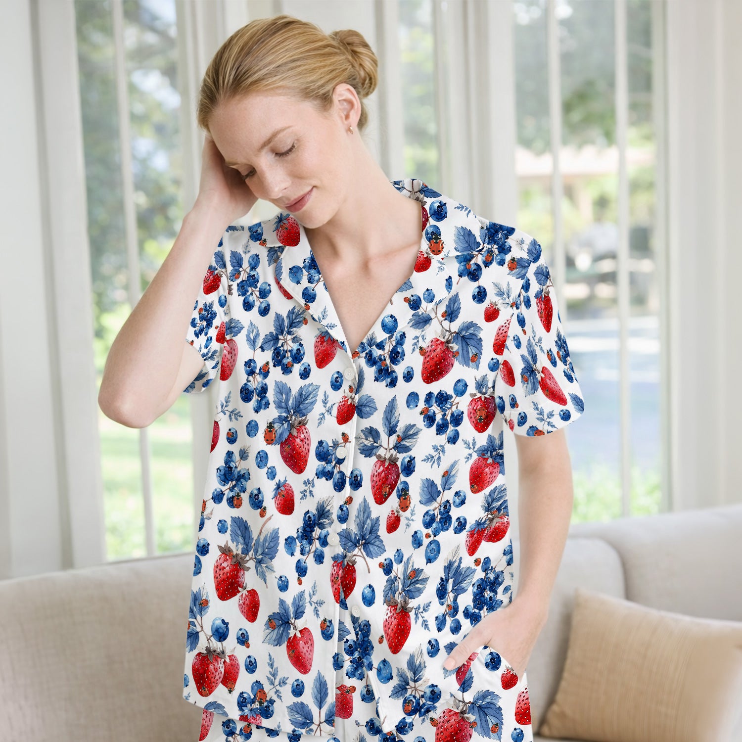 Cute Strawberry Blueberry Ladybug Pattern Pajama Set, Soft Breathable Fabric Comfortable Sleepwear