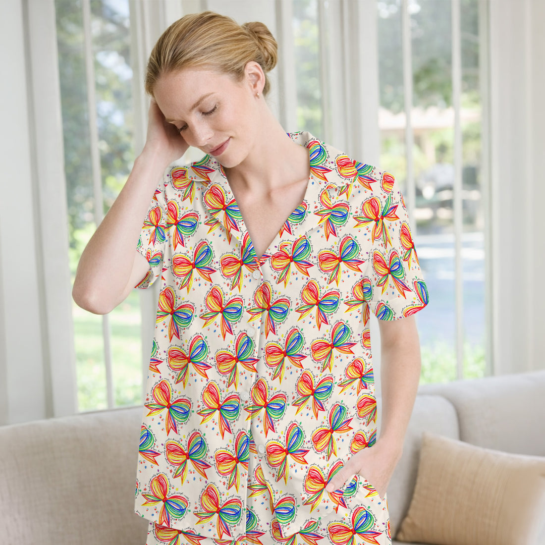 Colorful Rainbow Bow Pattern Pajama Set, Breathable Fabrics Uniform