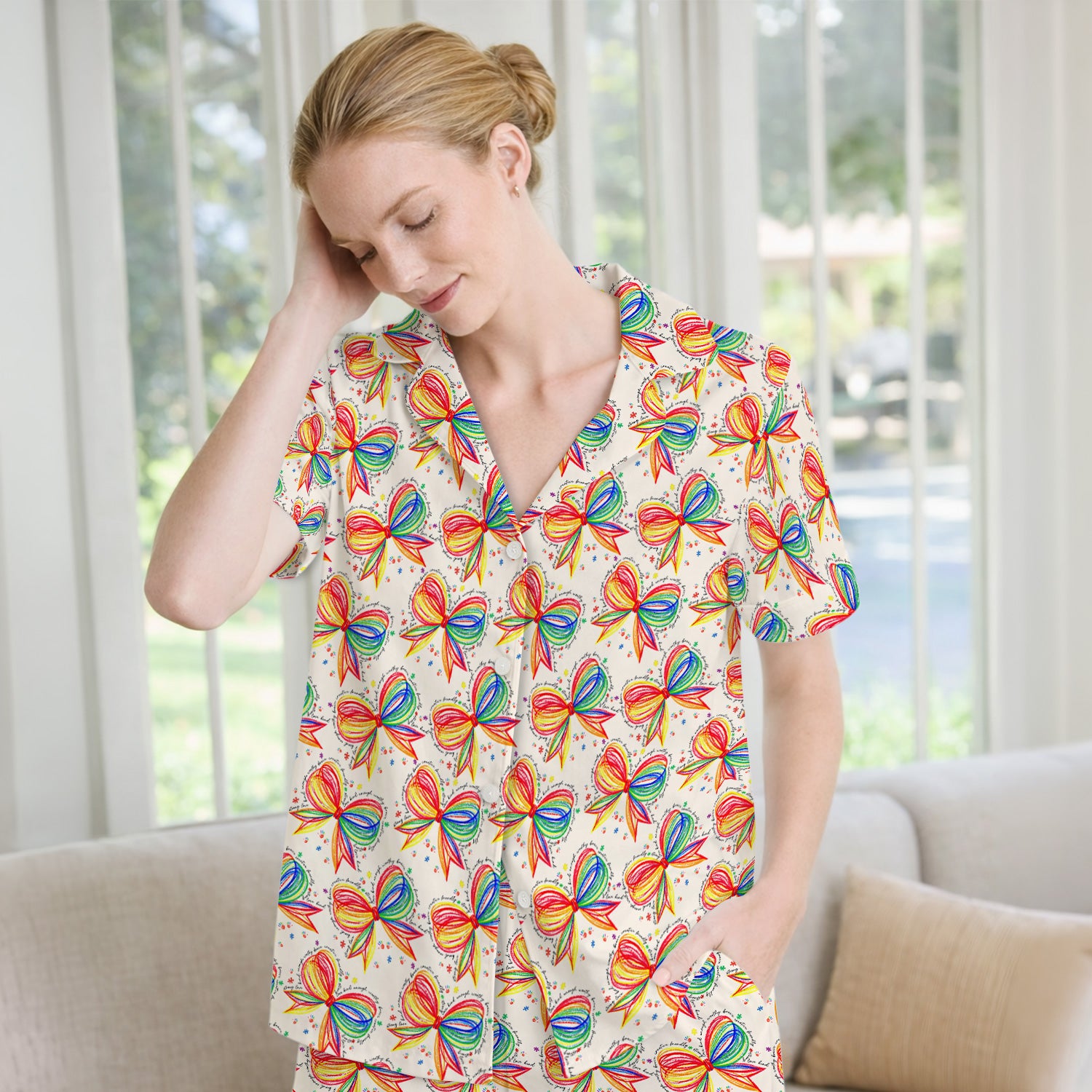 Colorful Rainbow Bow Pattern Pajama Set, Breathable Fabrics Uniform