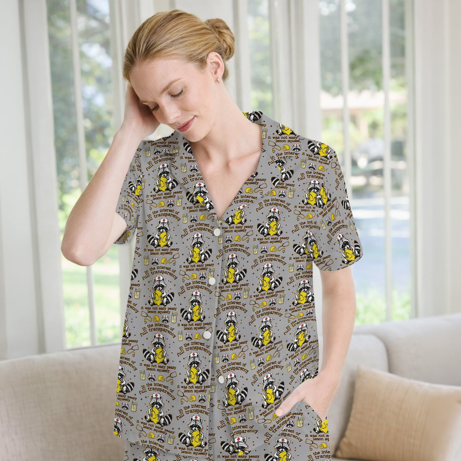 Raccoon Lemon Quote Medical Humor Pattern Pajama Set, Breathable Fabrics Uniform