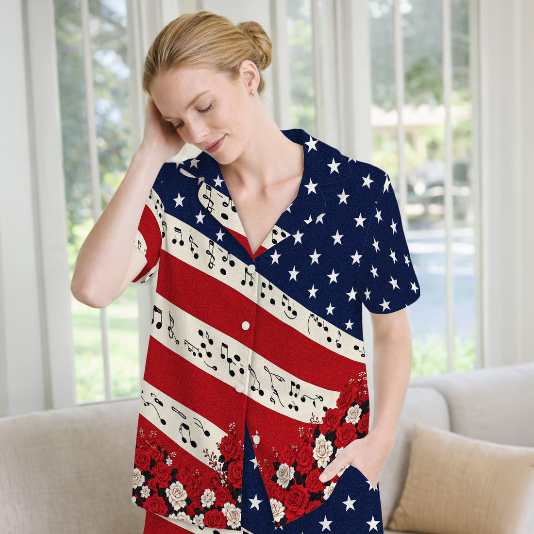 Patriotic Music Notes Nurse Scrub Top for RN, CNA, Healthcare Workers, Floral USA Uniform Pajama Set, Soft Breathable Fabric Comfortable Sleepwear