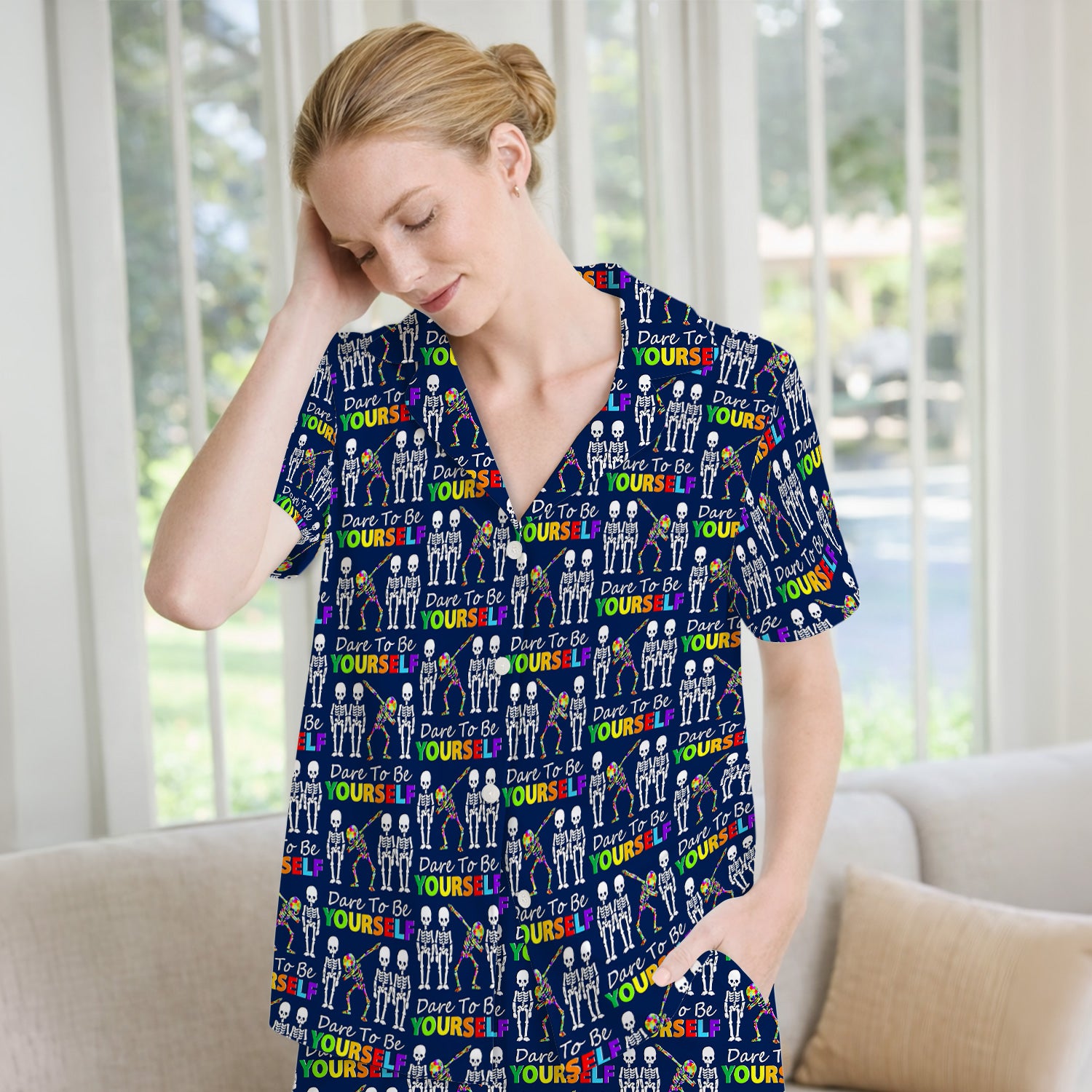 Rainbow Skeleton Dare To Be Yourself Pattern Pajama Set, Breathable Fabrics Uniform