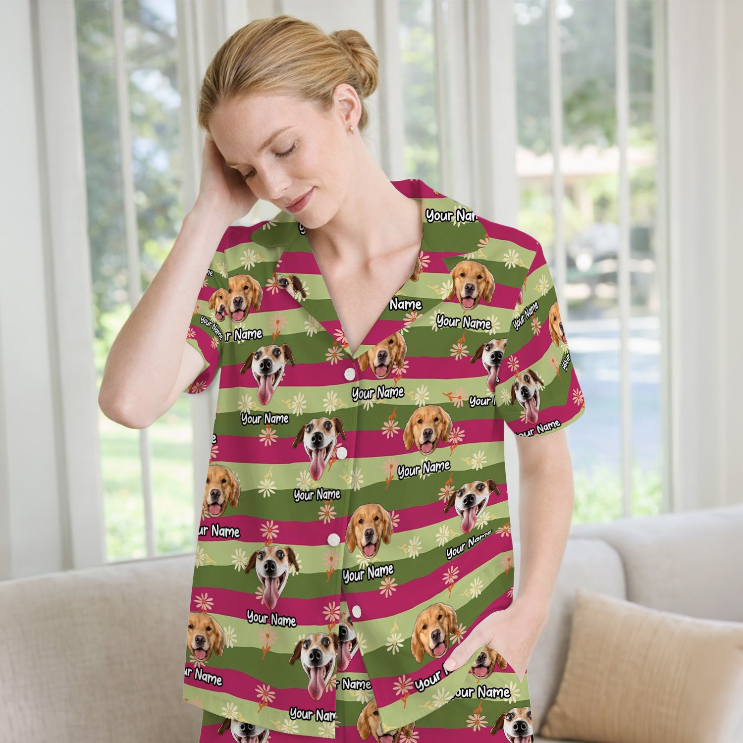 Personalized Floral Dog Portrait With Spring Stripes Pattern Pajama Set, Soft Breathable Fabric Comfortable Sleepwear
