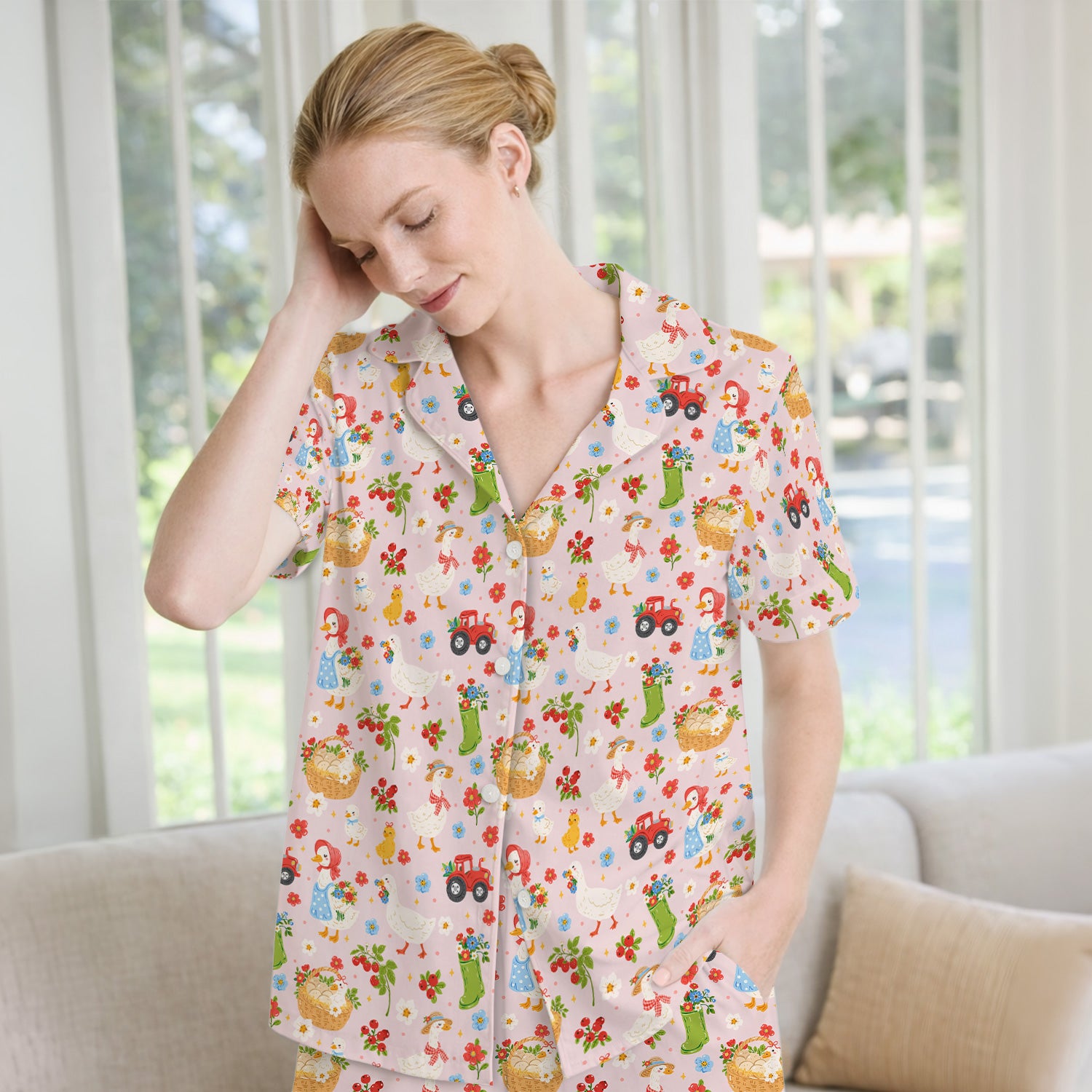 Farm Duck Chicken Tractor Flower Basket Pajama Set, Breathable Fabrics Uniform