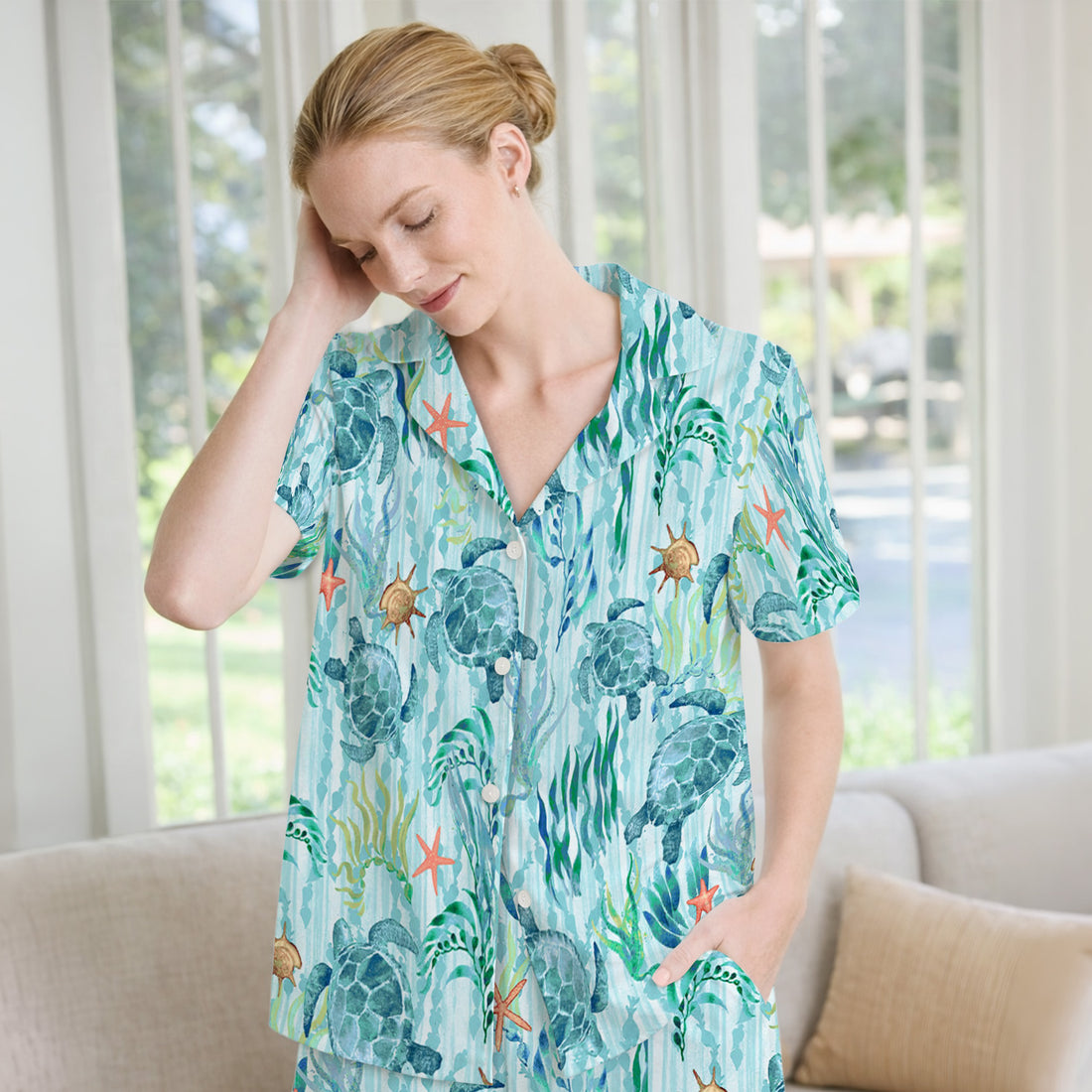 Sea Turtle Ocean Watercolor Print Pajama Set, Soft Breathable Fabric Comfortable Sleepwear