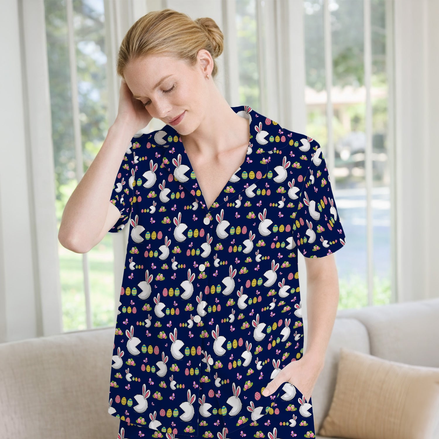 Easter Bunny and Colorful Eggs Print  Pajama Set, Breathable Fabrics Uniform