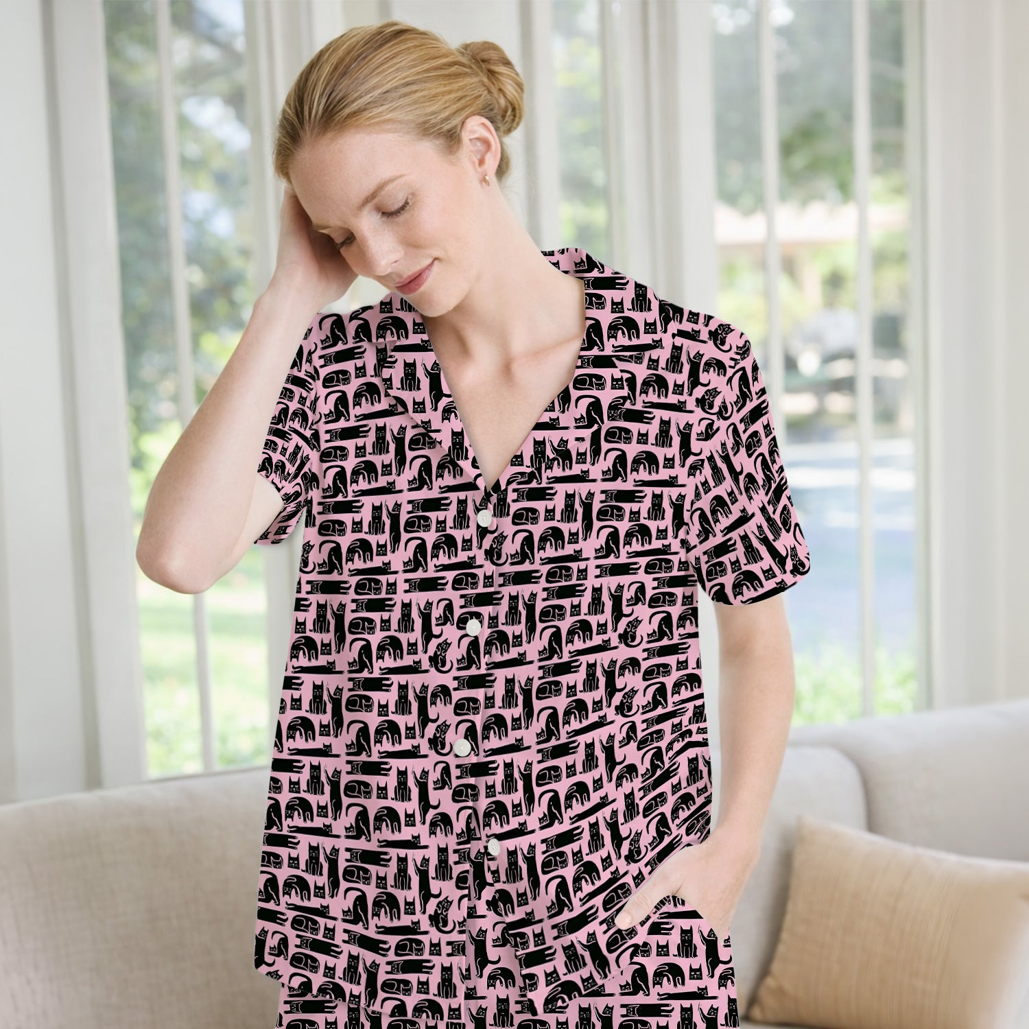 Cute Funny Cat Poses Print Pajama Set, Breathable Fabrics Uniform