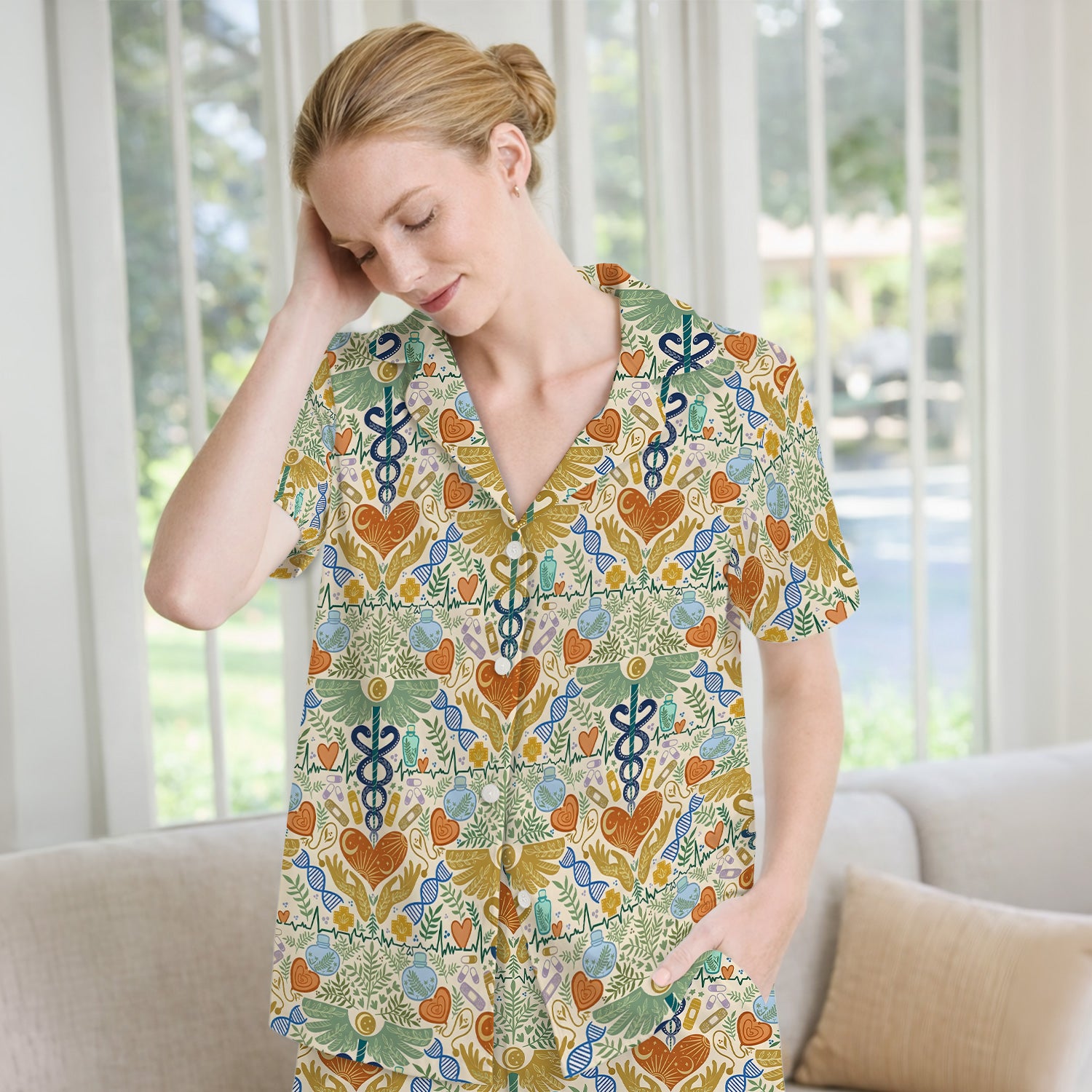 Inspirational Botanical Medical Caduceus Heart Nurse Pattern Pajama Set, Breathable Fabrics Uniform