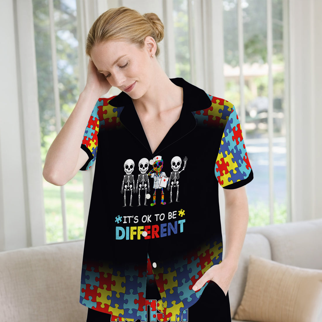 Autism Puzzle Skeleton Nurse It's OK to Be Different Pajama Set, Soft Breathable Fabric Comfortable Sleepwear